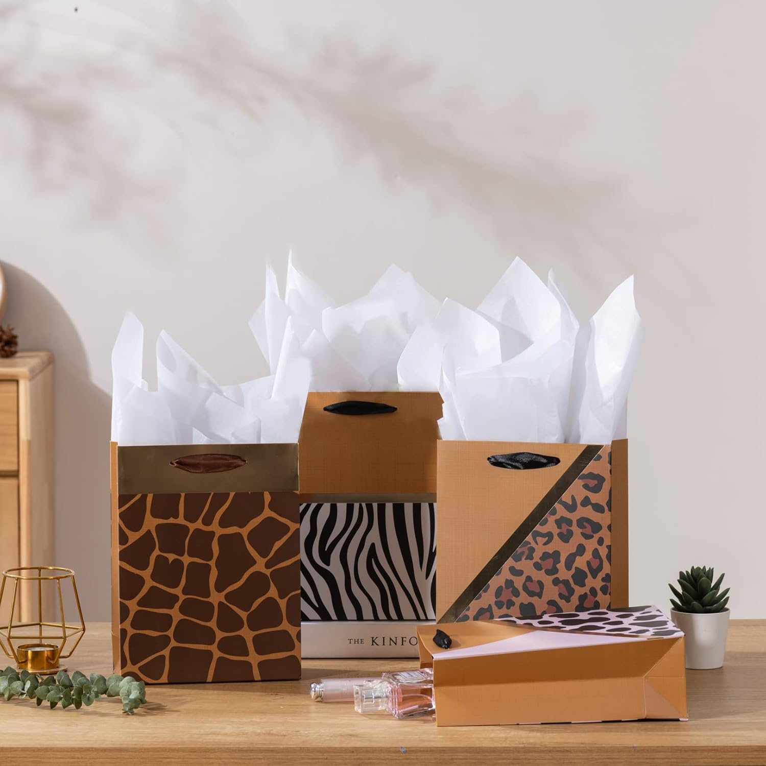 4 Pack Gold Gift Bags with Tissue Paper, 7X3X9 Inch, Perfect for Birthdays, Showers, Fathers' Day, Christmas, Weddings and Parties image number 3