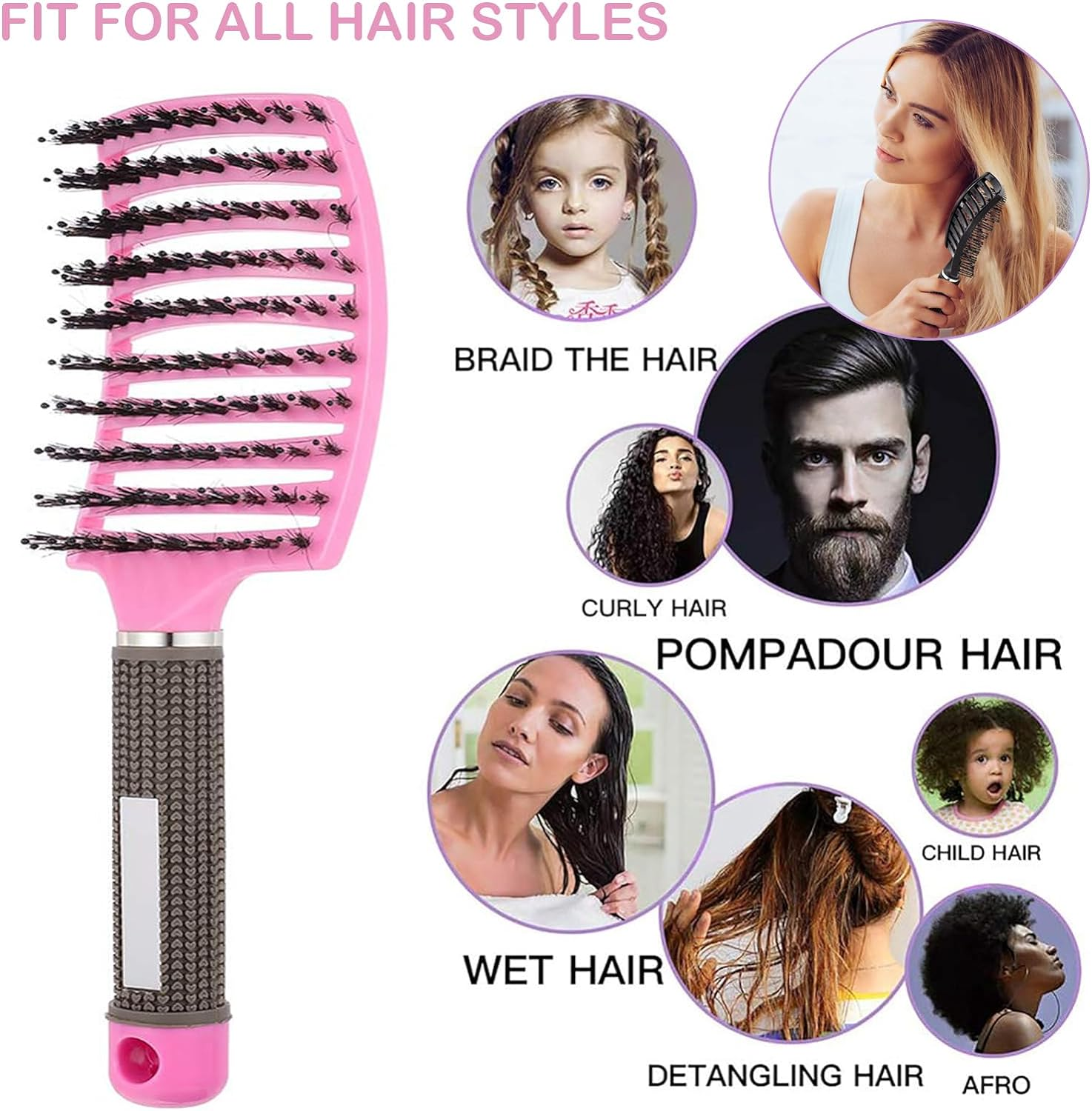 4Pcs Hair Brush, Boar Bristle Slick Back Hair Brushes for Women Men Kids Paddle Detangler Curved Vent Styling Hairbrush for Wet Dry Curly Thick Hair Smoothing Massaging Detangling PINK image number 4