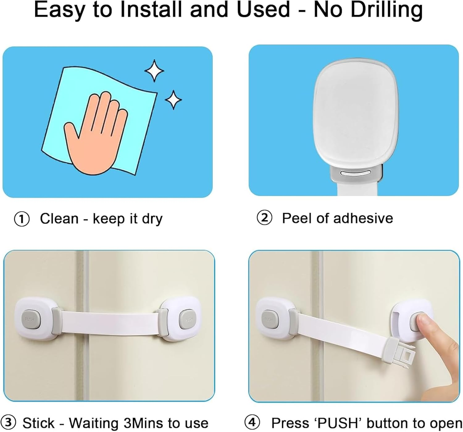 Fursafe&Q Baby Cabinet Locks, Child Safety Cabinet Proofing - Child Safety Strap Locks Adhesive Drawer Fridge Ovens Door Toilet Latches No Drill Multi-Purpose for Furniture Kitchen Lock 6 Pack