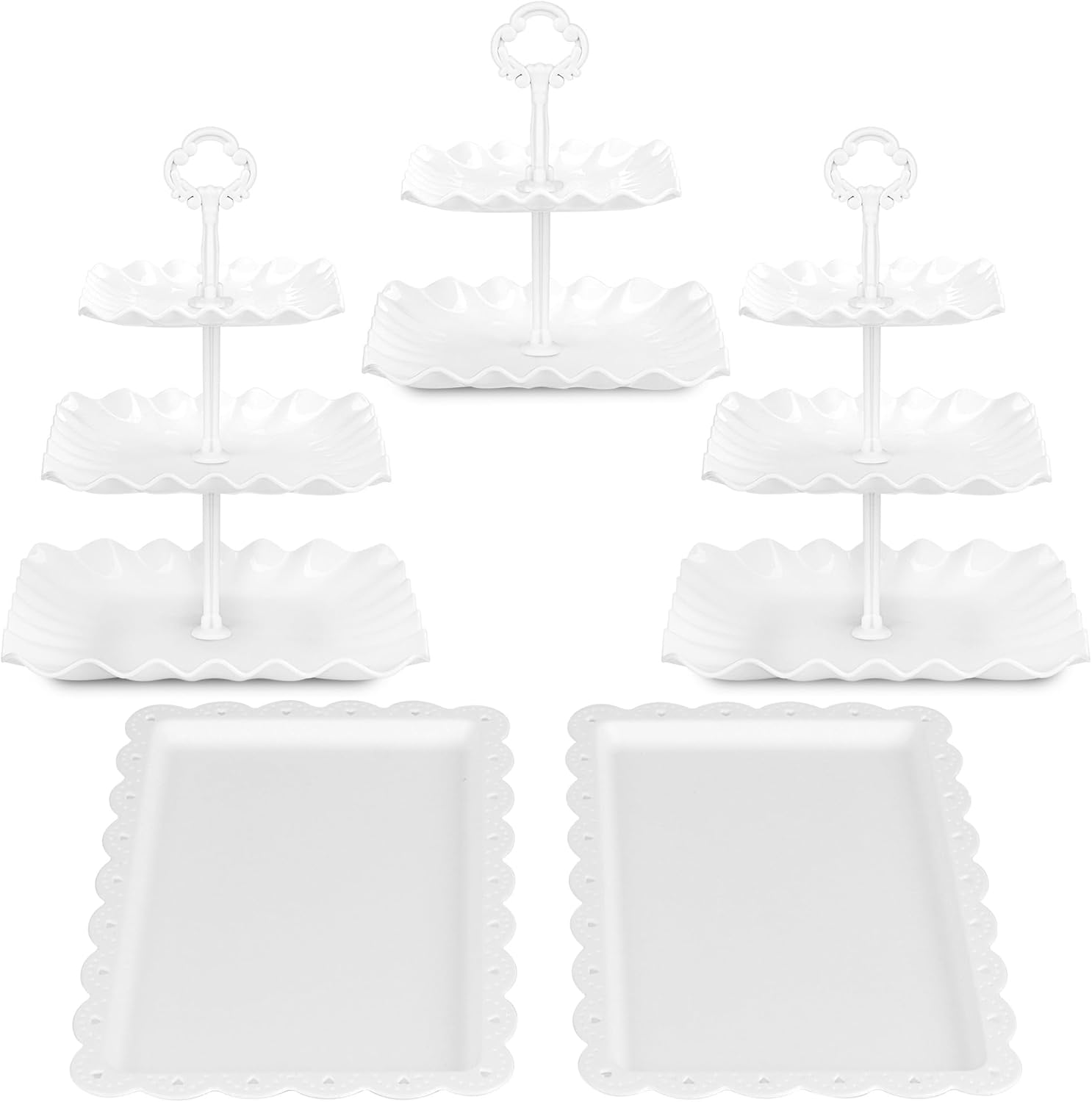 NWK 5 Piece Cake Stand Set with 2Xlarge 3-Tier Cupcake Stands + 3X Appetizer Trays Perfect for Wedding Birthday Baby Shower High Tea Stands Party Suplies（Round image number 1