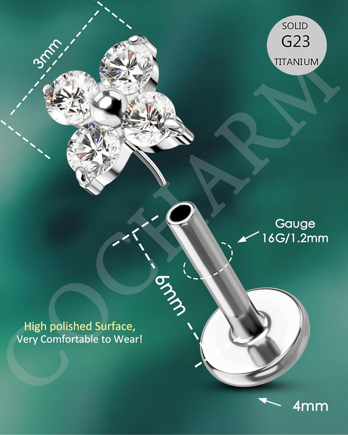 COCHARM F136 Titanium Hypoallergenic Helix Cartilage Tragus Piercing Jewellery 16G Threadless Cartilage Labret Bar 6Mm 8Mm Conch Bar Push Pin image number 2