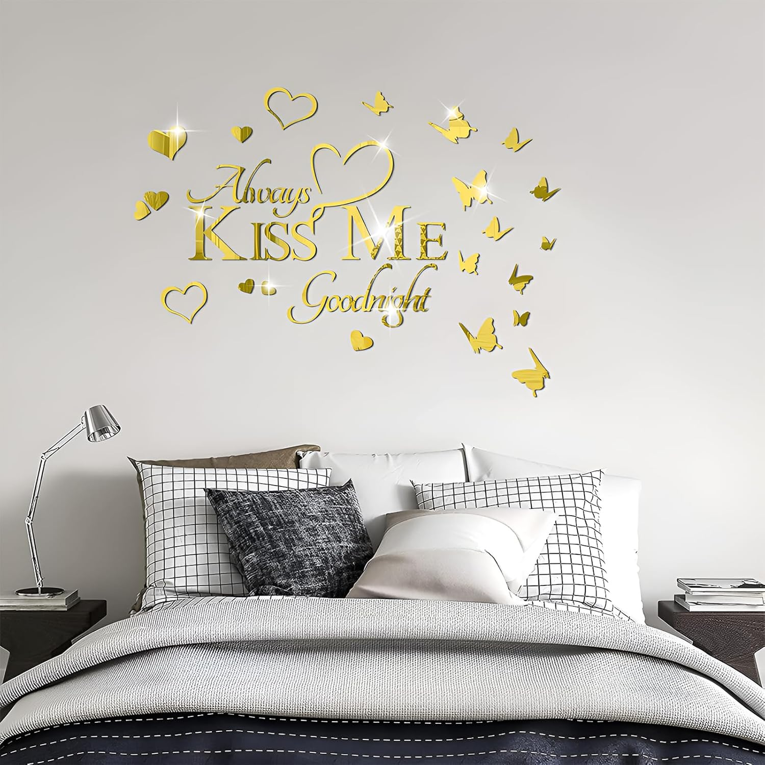 INCAUCA Always Kiss Me Goodnight Mirror Wall Decal, Peel and Stick Wall Stickers Decor for Bedroom, Decorative Romantic Couples Love Wall Words and Quotes, Lettering Art Sign over Bed, Gold image number 1