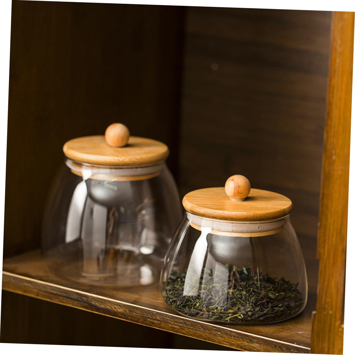 LABRIMP 2Pcs Transparent Glass Candy Storage Jars Bamboo Lids Wedding Sweets Containers Versatile Sealing Jars for Home and Bakery Use image number 1