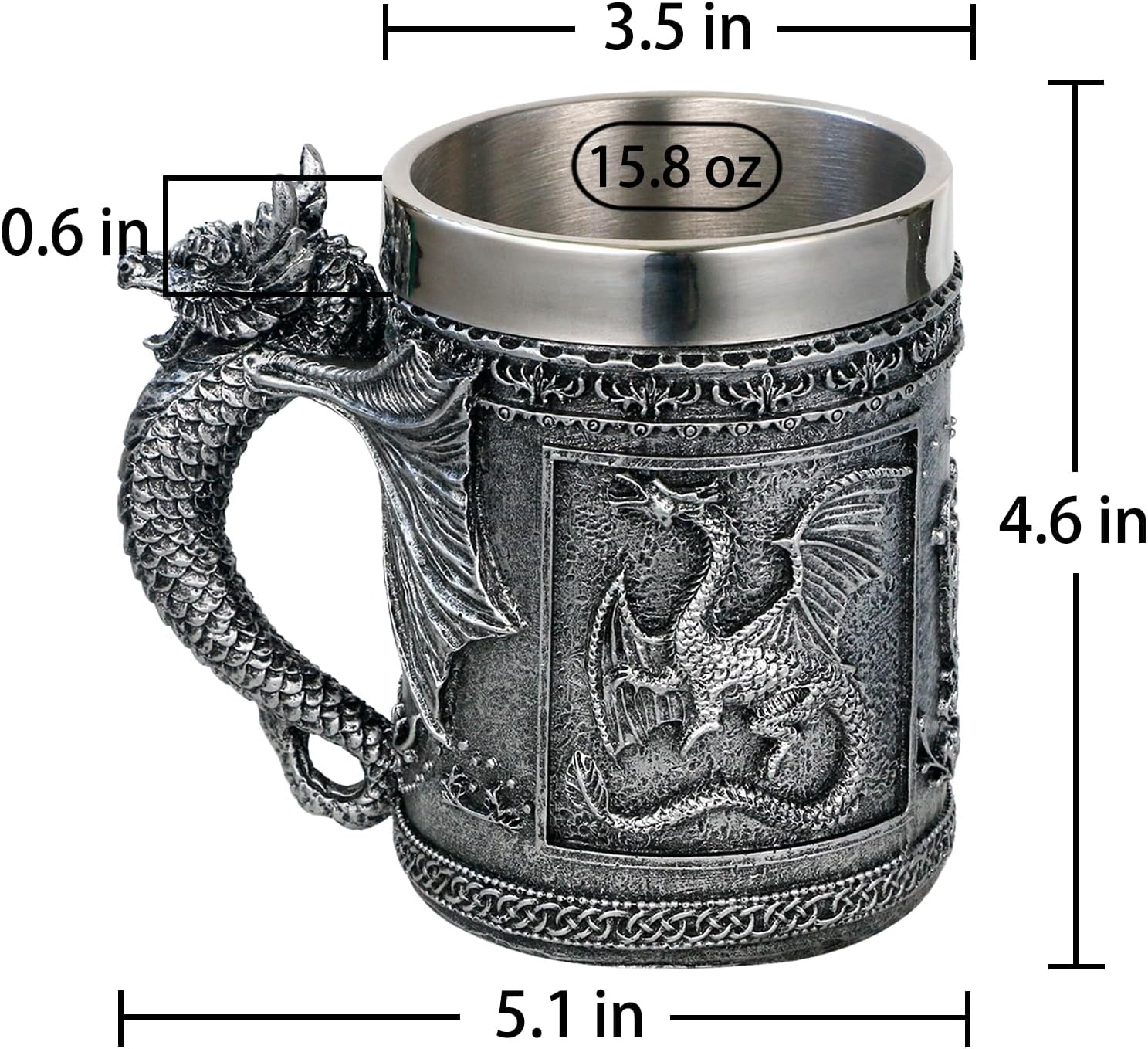 Medieval Roaring Dragon Mug - Dungeons and Dragons Beer Stein Tankard Drink Cup - 15.8Oz Stainless Coffee Mug for GOT Dragon Lovers Collector - Ideal Novelty Gothic Father Day Gift Party Decoration image number 6