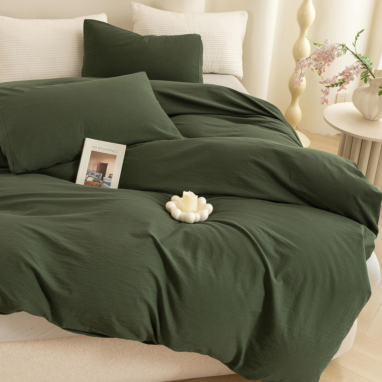 ECOCOTT 3 Pieces Duvet Cover Set Queen 100% Washed Cotton 1 Duvet Cover with Zipper and 2 Pillowcases, Ultra Soft and Easy Care Breathable Cozy Simple Style Bedding Set (Avocado Green)