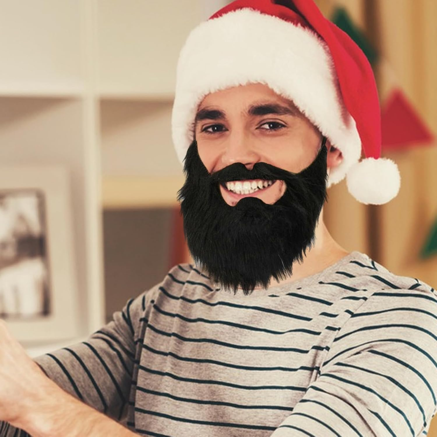 Funny Back Fake Beard | Novelty Black Hair Halloween Cosplay Props,Halloween Supplies Fake Mustache for Costume False Beards, Carnival Holiday Halloween Pochy image number 4