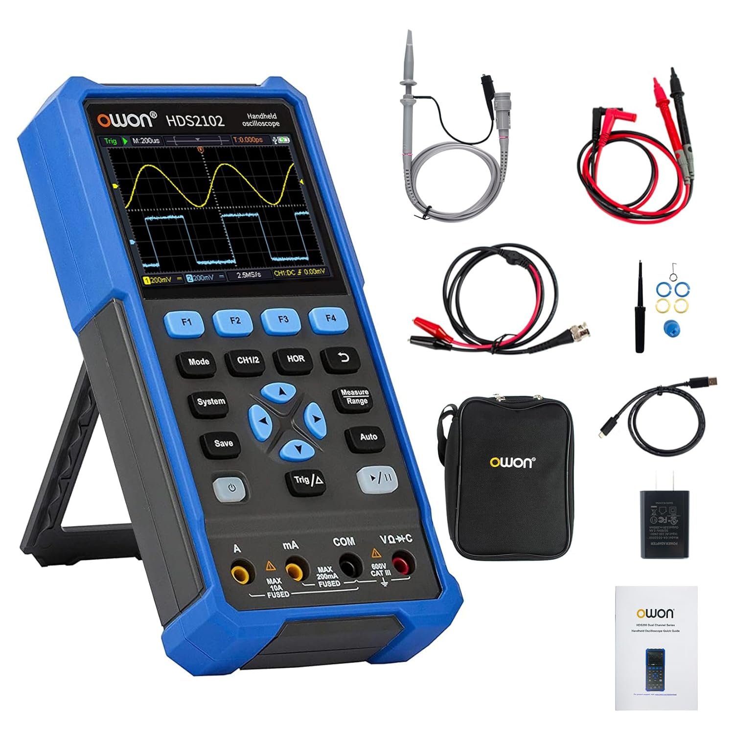 OWON Oscilloscope HDS2102 2 in 1 Digital Handheld Oscilloscope Multiumeter,20000 Counts Digital Multimeter with 3.5 Inch LCD Display,2-Ch 100 Mhz Bandwidth USB Type-C Interface image number 4