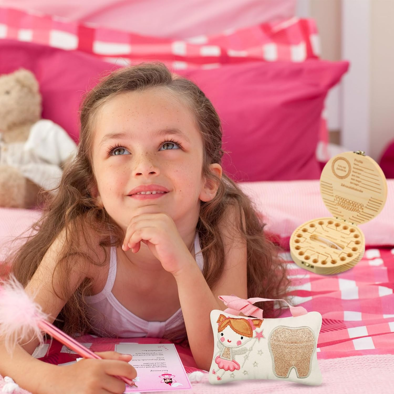 Qunclay Tooth Fairy Kits Includes 3.9 X 5.9 Inch Cute Tooth Fairy Pillow Wooden Keepsake Box Container and 20 Warm Letters(Pink,Girl Style) image number 1