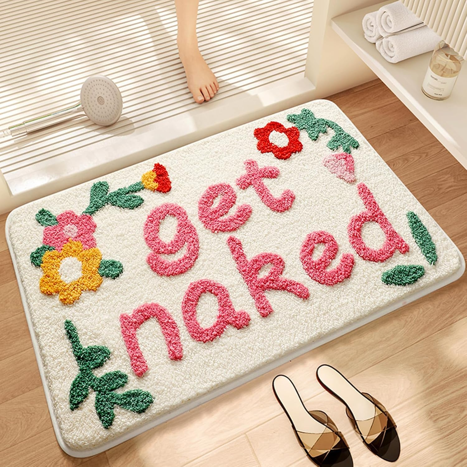 Get Naked Bath Mat, Cute Floral Bathroom Mat Green Leaves Bath Mat, Extra Soft Non Slip Absorbent Bathtub Mat, Machine Washable Fluffy Microfiber Funny Decor Mat for Bedroom Shower 50X80 Cm (Pink) image number 5