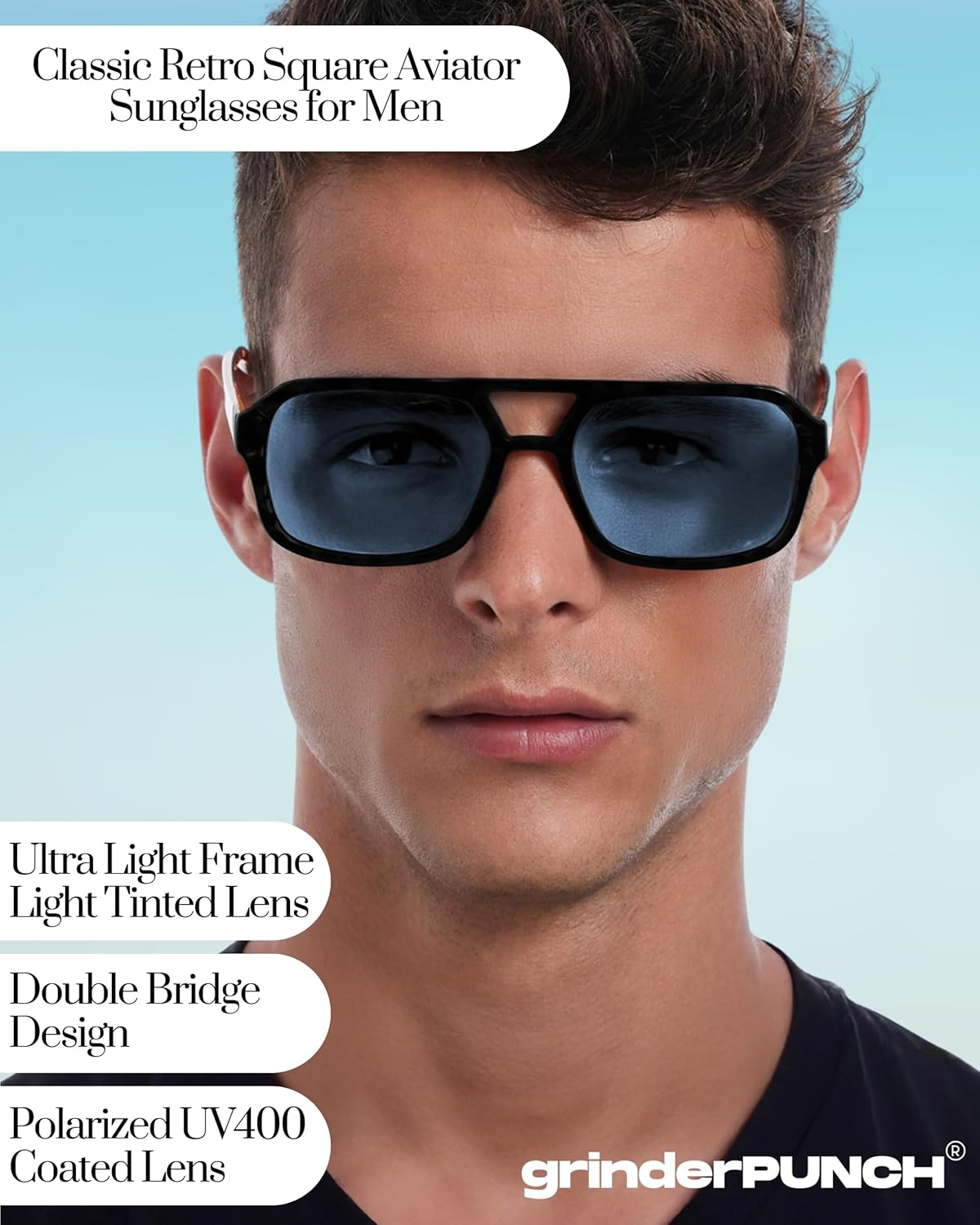 Grinderpunch Retro Flat Square Trendy Sunglasses for Womens Mens Vintage 70S Style Double Bridge Sunglasses - Black Metal Frame/Yellow Lens image number 5