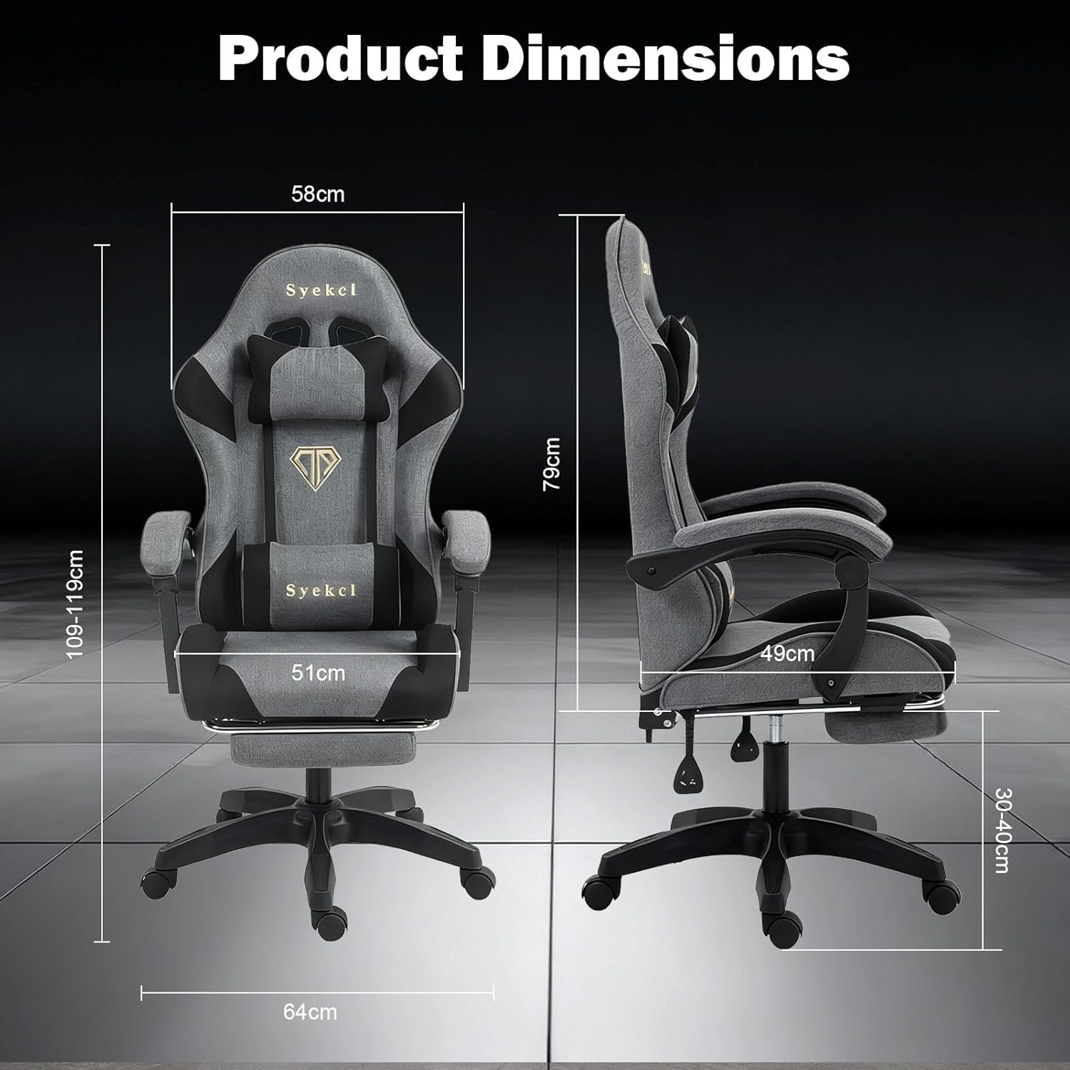 Gaming Chair Computer Chair, Ergonomic High Back Fabric Gaming Chair, Tilt and Height Adjustable Computer Chair with Neck and Massaging Lumbar Support for Office or Gaming (Linen, Grey) image number 2