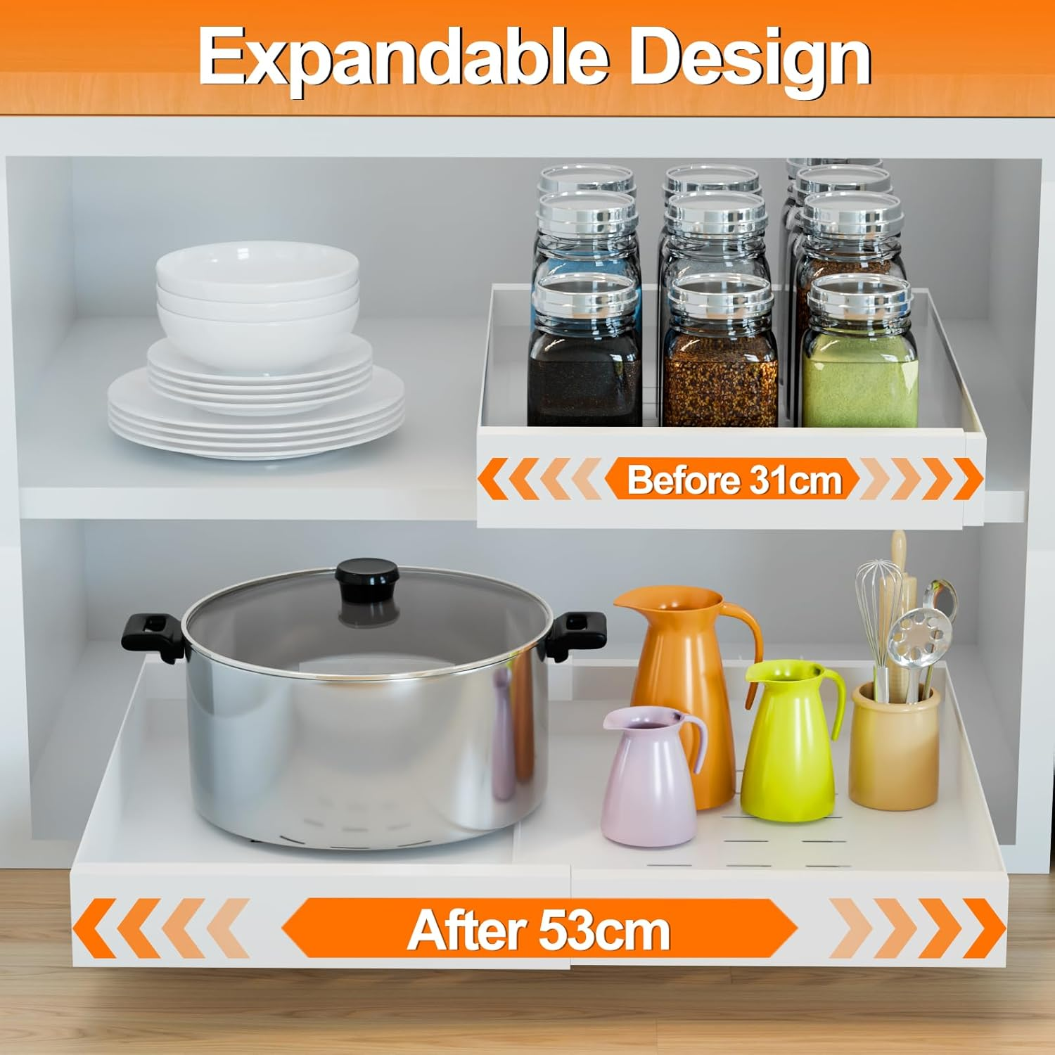 FLSEPAMB 2 Pack Pull Out Cabinet Organizer, Expandable Pull Out Kitchen Cabinet Organizer（31Cm to 53Cm W）, Pull Out Drawers with Adhesive Film for Kitchen Cabinet,Laundry, Pantry, Bathroom image number 6