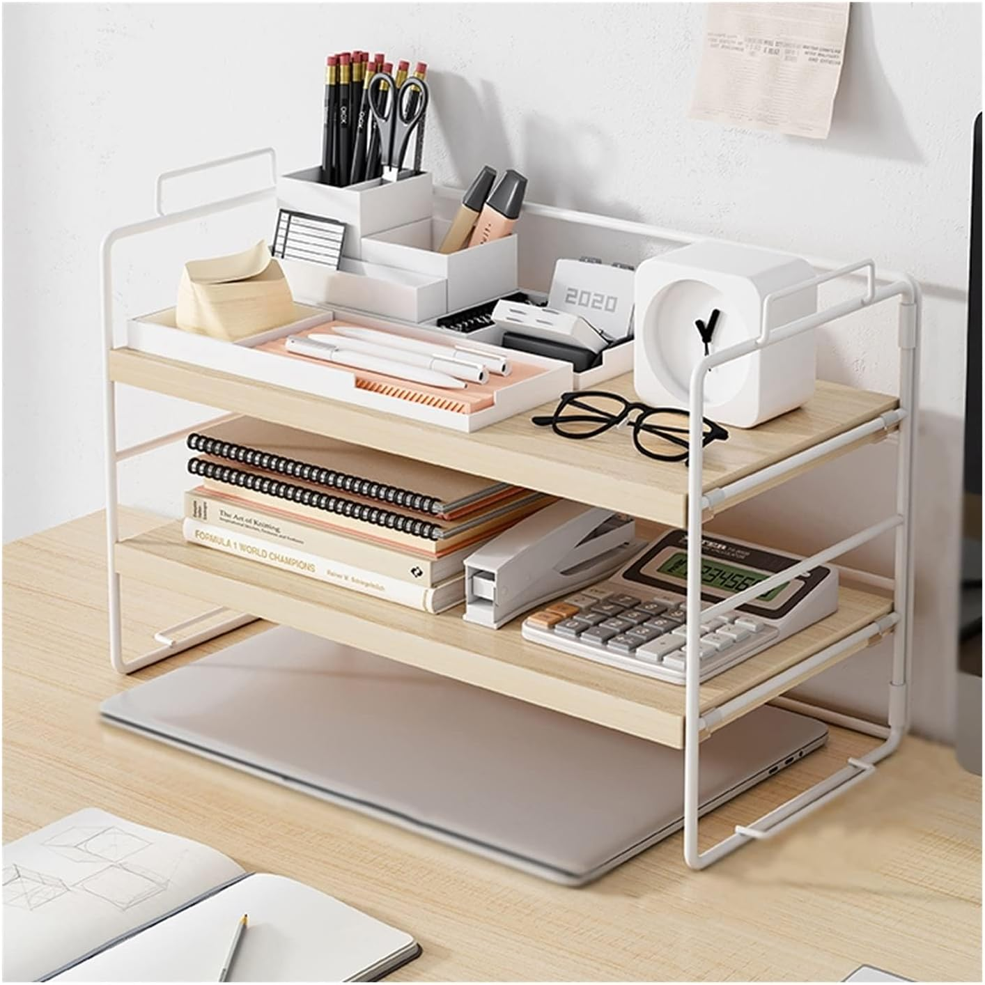 Joiena Desktop Bookshelf 2 Tier Organizer, Adjustable Wood Desktop Bookcase Office Desk Display Storage Shelf Rack, Plant Stand, Decor for Kids, Office Kitchen Living (White) image number 5