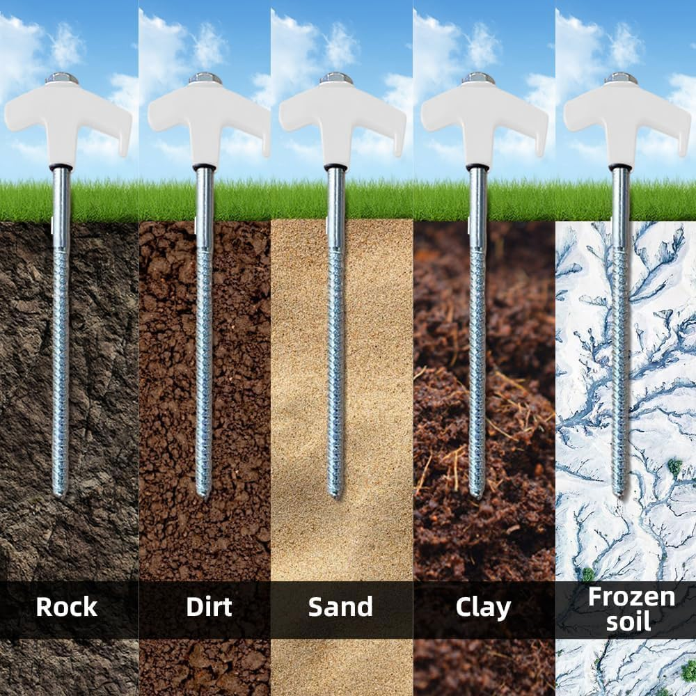 8Pack Tent Stakes-8&rdquo; Drill in Heavy Duty Ground Pegs Screw in Camping Stakes with Hex Head Driver Spikes Puller Protector Ratchet in a Carrying Bag for Camping Hiking, Hammocks Accessories (White) - White image number 1