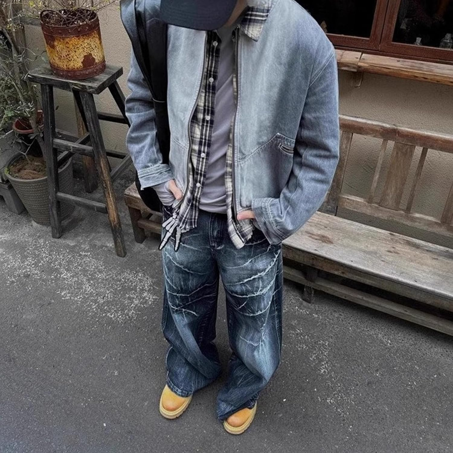 Zylphorix Men Washed Old Wide Leg Jeans Loose Crack Straight Denim Pants Y2K High Street Casual Fashion Trousers, Blue, X-Large image number 2