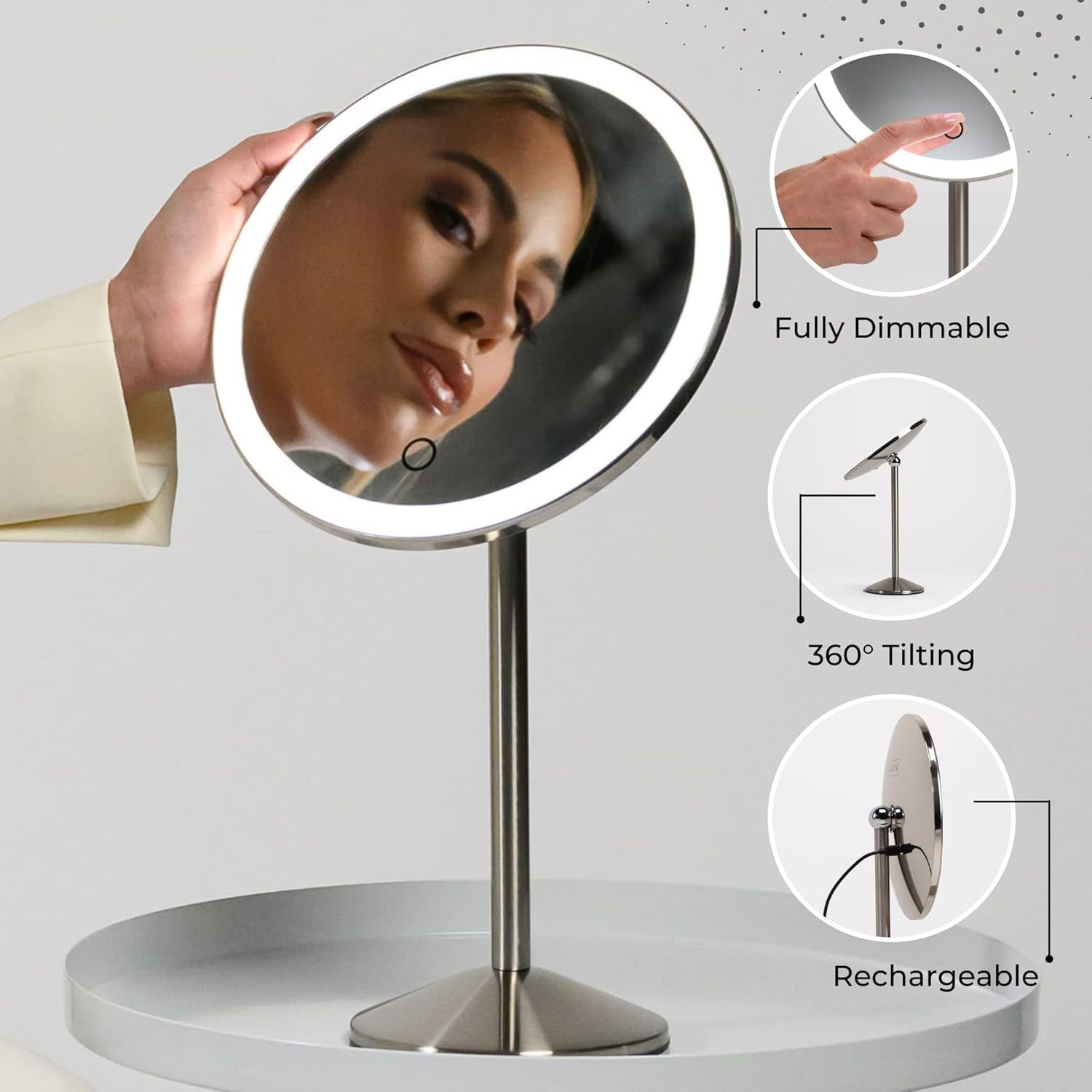 Ilios Lighting Cordless Bright LED Makeup Mirror with Lights and 5X Magnified Mirror with Long-Lasting Rechargeable Battery Perfect for Vanity (5X) image number 5