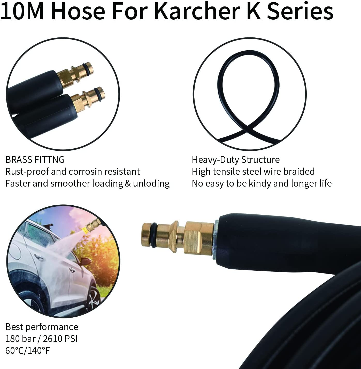 Qooltek 10M High Pressure Washer Replacement Hose Cleaning Kit High Pressure Washers Water Cleaning Hose for Karcher K Series K2, K3, K4, K5, K7, Click Type Plug Quick Connector System image number 4