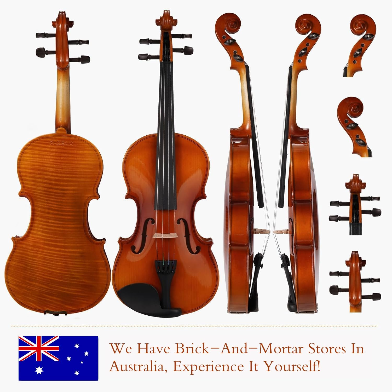 PHOENIX Violin 4/4 Full Size Kit, Violin Fiddle Set for Beginner Adults Student with Rosewood Bow, Extra Strings, 1 Rosin, Case, Fingerboard Stickers, Shoulder Rest (Full) image number 4