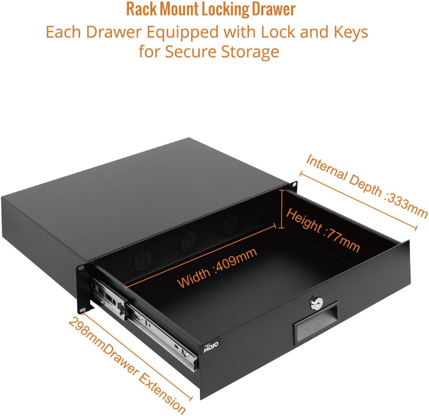 Tecmojo 2RU Rack Drawer, Sliding and Lockable Rack Mount Drawer for 19 Inches Network Equipment/Server/Av Rack or Cabinets Enclosure, Load-Bearing 10Kg, with Cable Management Holes, Black image number 3