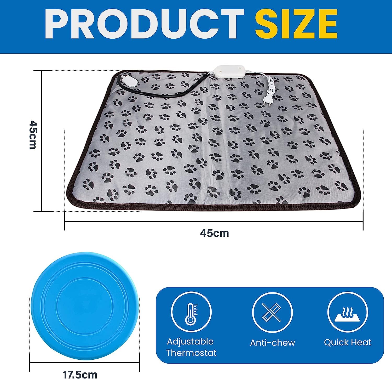 Ozzycozy Waterproof Pet Heated Mat for Cats and Dogs, Remote Controlled Heating Pad with Indicator, Bite-Resistant Cable - Gray Footmark Design, 45X45Cm, （Free Bonus: Pet Frisbee Toy） image number 6