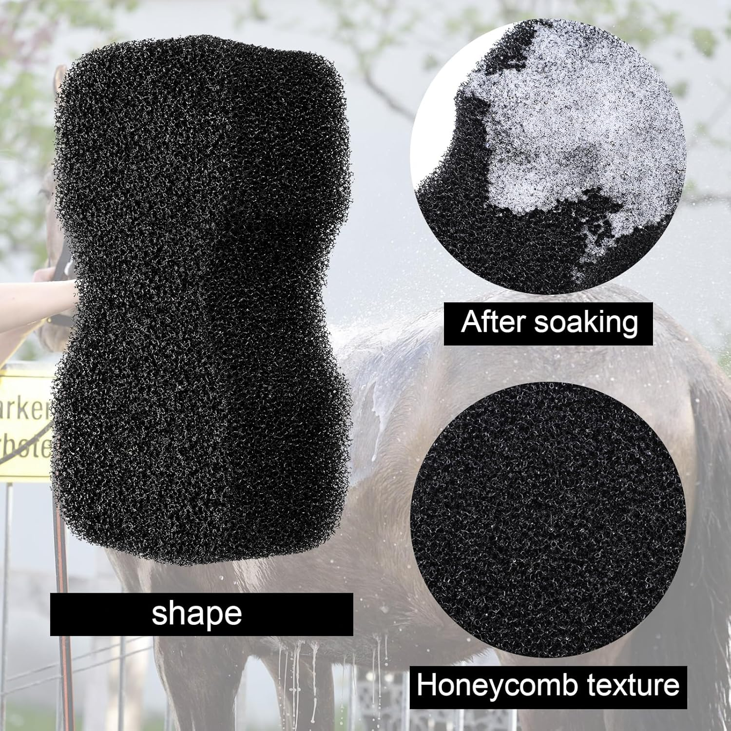 Eaasty 3 Pcs Horse Groomer Sponge Scrubber Massager Horse Grooming Brush Kit Supplies Large Soft Care for Cleaning Washing Bathing, Black, 4.33 X 7.87 X 2.56 Inch image number 5