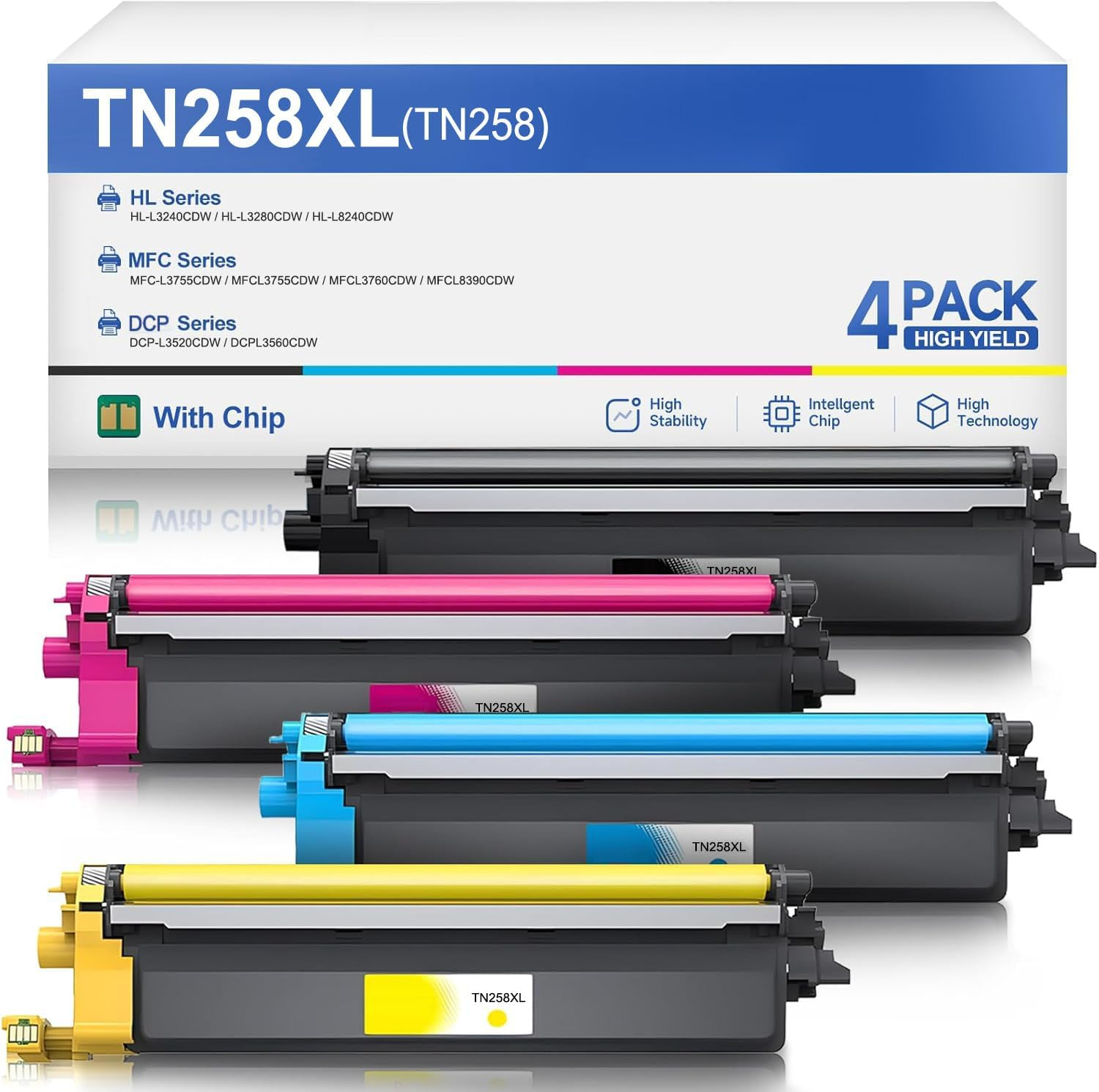 TN258 TN258XL Toner Cartridge Compatible with Brother HL-L3280CDW HL-L3240CDW MFC-L3760C MFC-L8390CDW MFC-L3755CDW DCP-L3560CDW DCP-L3520CDW Printers (Black, Cyan, Magenta, Yellow)