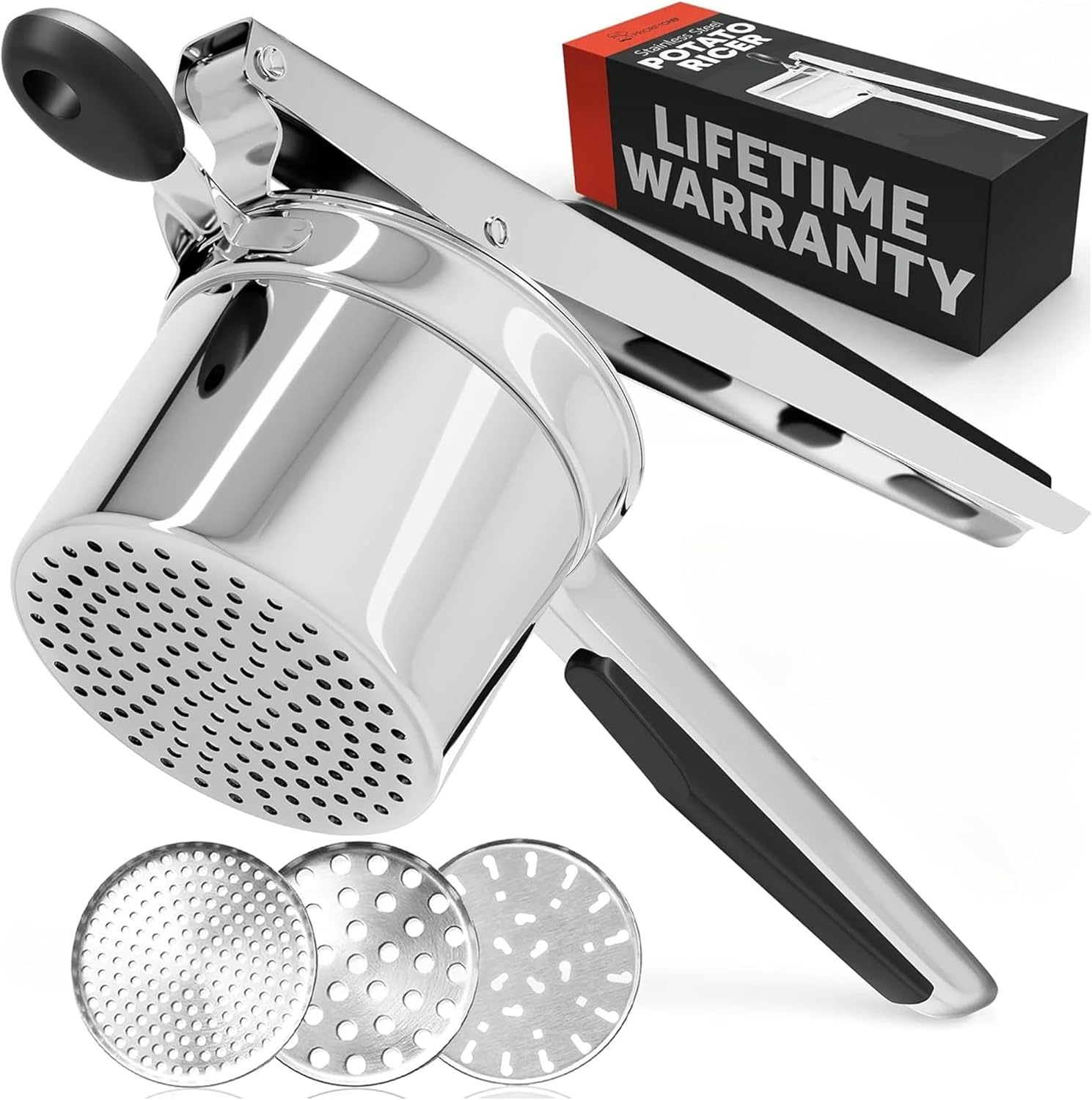 Large 15Oz Potato Ricer with 3 Discs, Heavy Duty Stainless Steel Potato Ricer for Mashed Potatoes, Potato Masher, Press and Ricer Kitchen Tool,Black image number 5