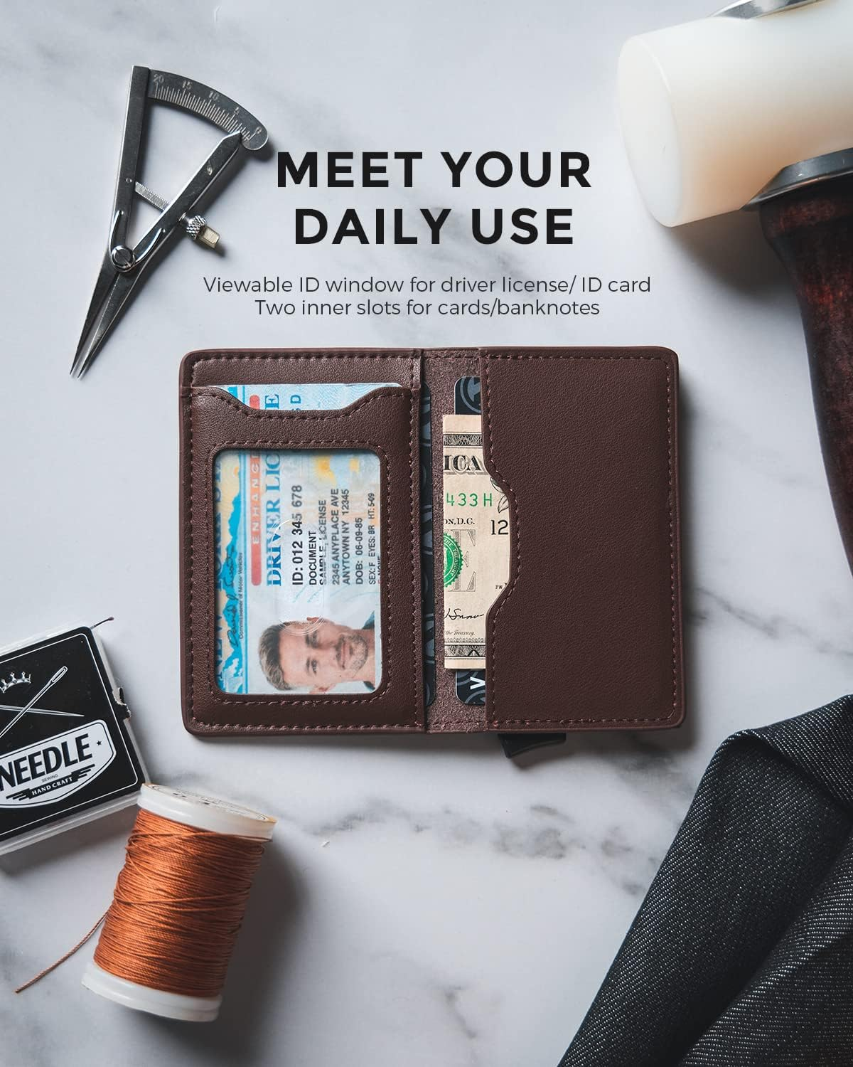 VULKIT Slim Pop up Wallet for Women Minimalist Credit Card Holder with Leather Slots Men'S Bifold RFID Blocking Metal Wallets(Dark Brown) - Cf Black image number 4