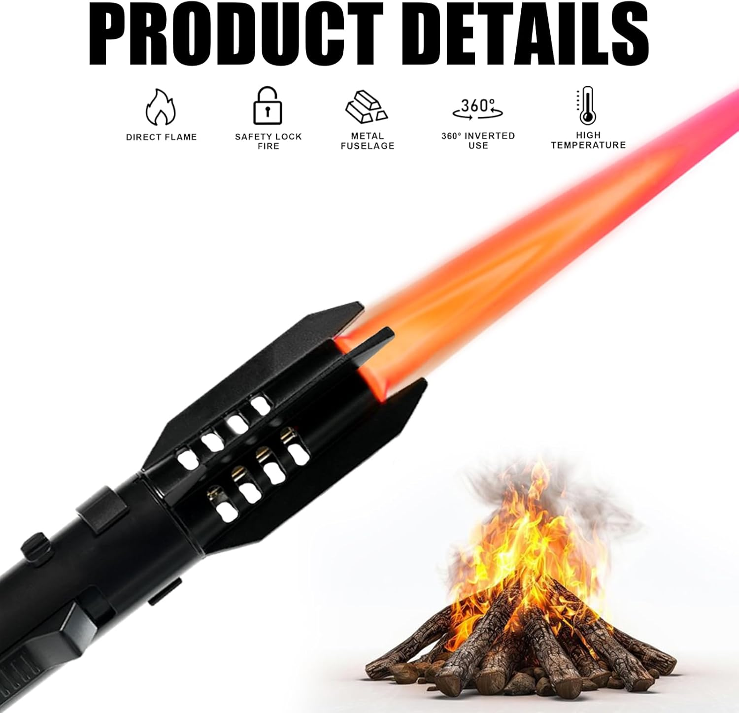 Portable Brightfire, Turbine Jet Bright Fire Lighter, Windproof Straight Torch Blue Flame Lighter, Wind Resistant Bright Fire Lighter, Torch Lighters Butane Refillable for Men (Black) image number 5