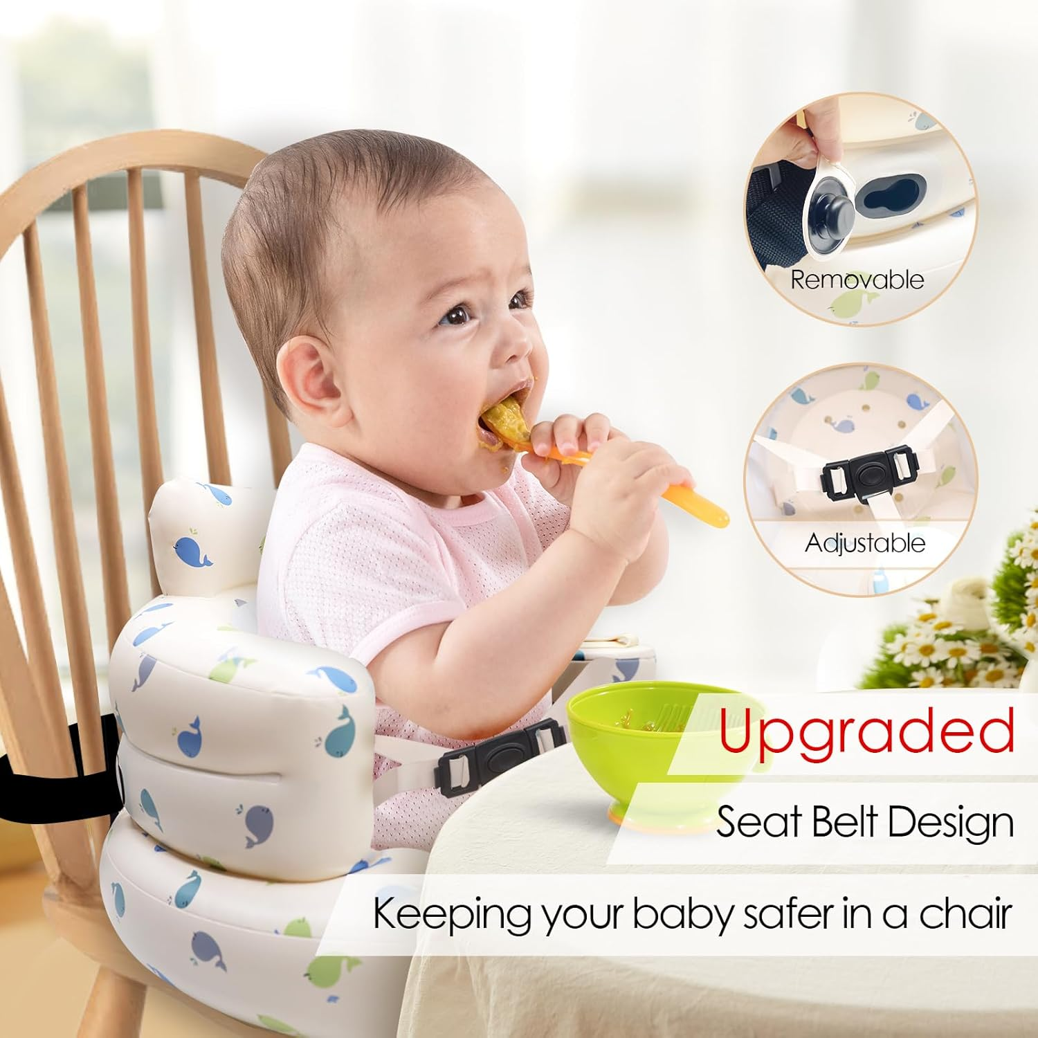 Upgraded Airswim Baby Inflatable Seat for Babies 3 Months and Up, 3-Point Harness Baby Support Seat Summer Toddler Chair for Sitting Up, Portable Inflatable Baby Chair Floor Seater, Whale image number 5