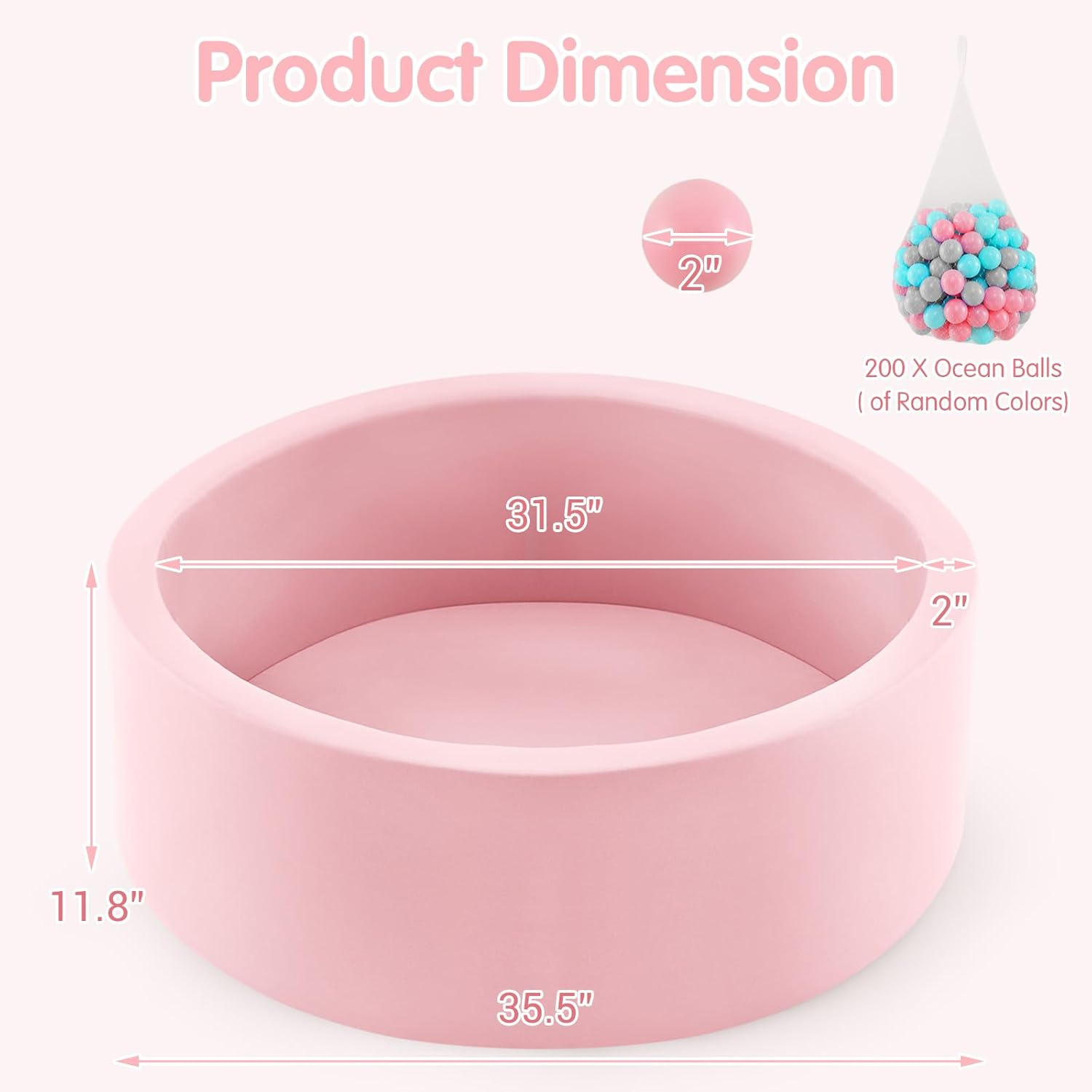 INFANS Foam Ball Pit for Toddlers with 200 Balls, 90X30Cm Large round Ball Pool Playpen with Soft Memory Sponge Pad, BPA Free Kids Babies Indoor Outdoor (Pink)