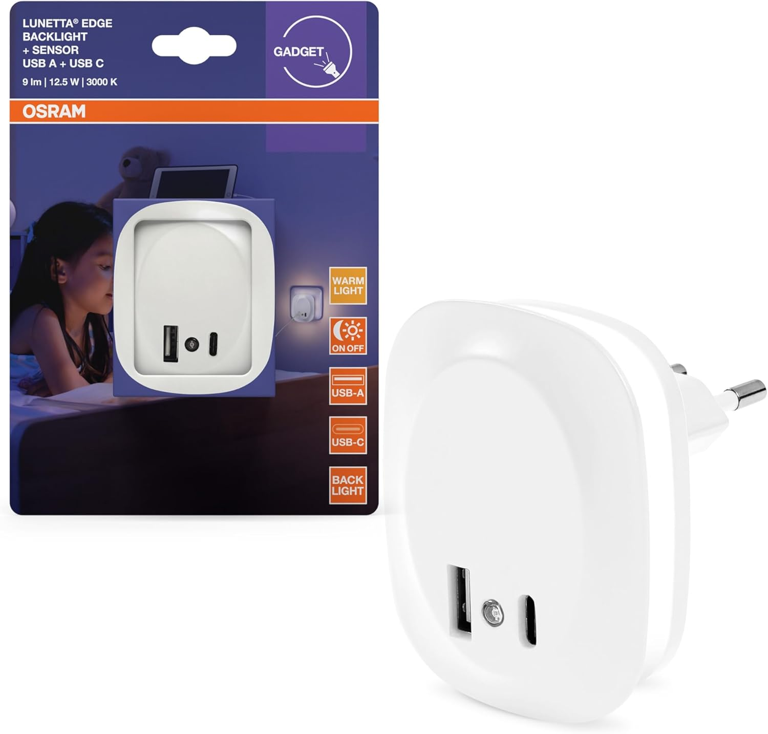 OSRAM Lunetta Edge Plug-In Night Light, White, 0.35W, 10Lm, Warm White Light, Daylight Sensor, USB-A & USB-C Port, LED Technology, Charging Function, Long Life, IP20, 3000K. image number 3