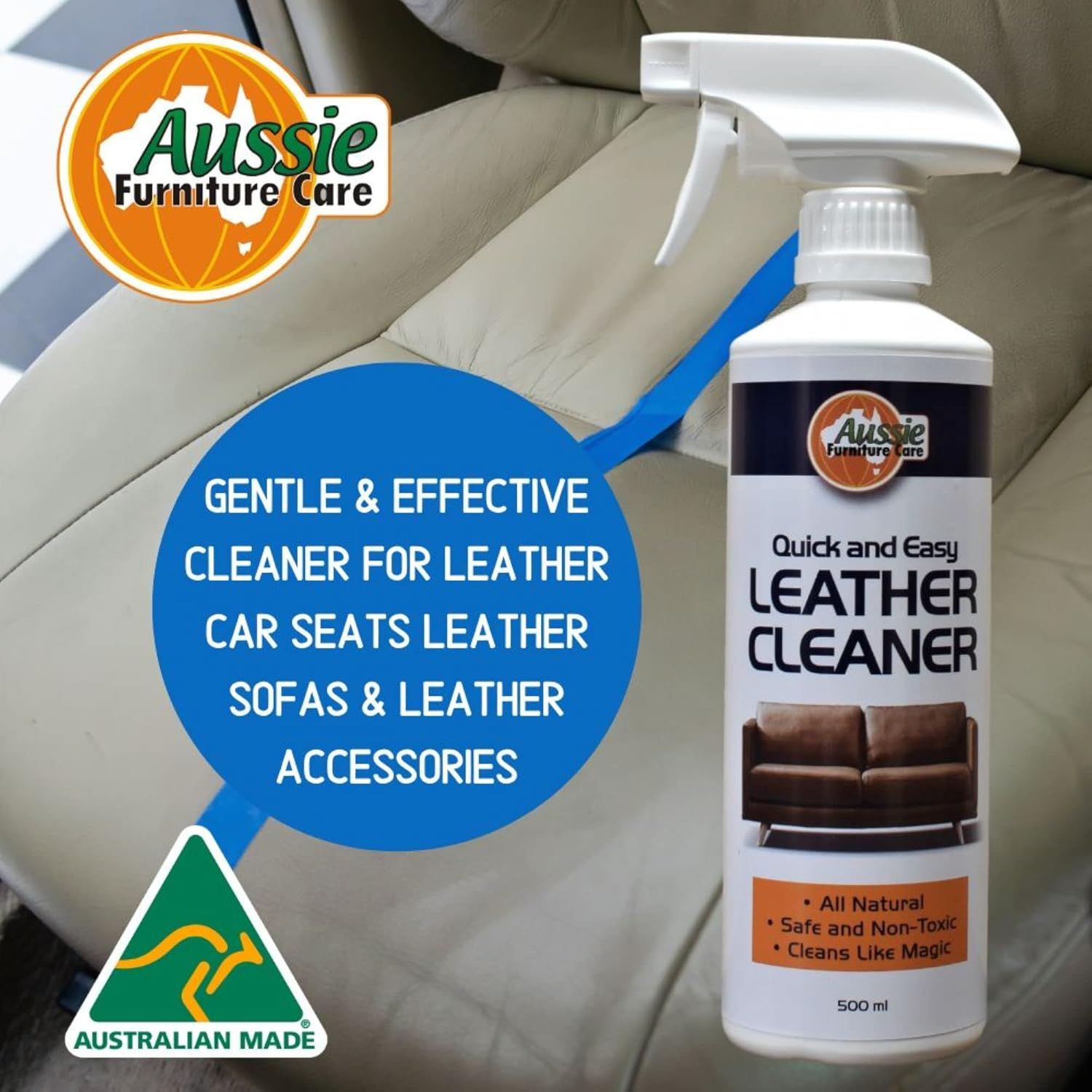 Leather Cleaner by Aussie Furniture Care: the Best Leather Cleaner for Leather Furniture, Car Seats, Apparel and Accessories 500Ml Easy to Use 100% Natural Australian Made image number 4