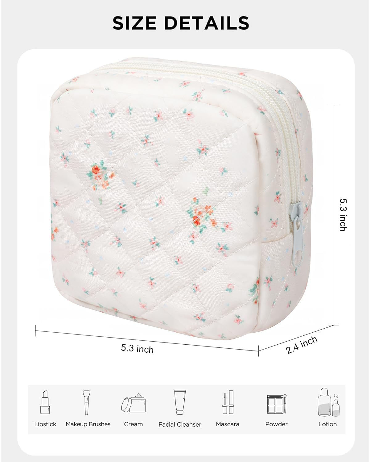 DDPOND Floral Makeup Bag, Small Cosmetic Bag for Women Girls, Cute Cotton Quilted Bag, Pink Floral - Brown Floral image number 6