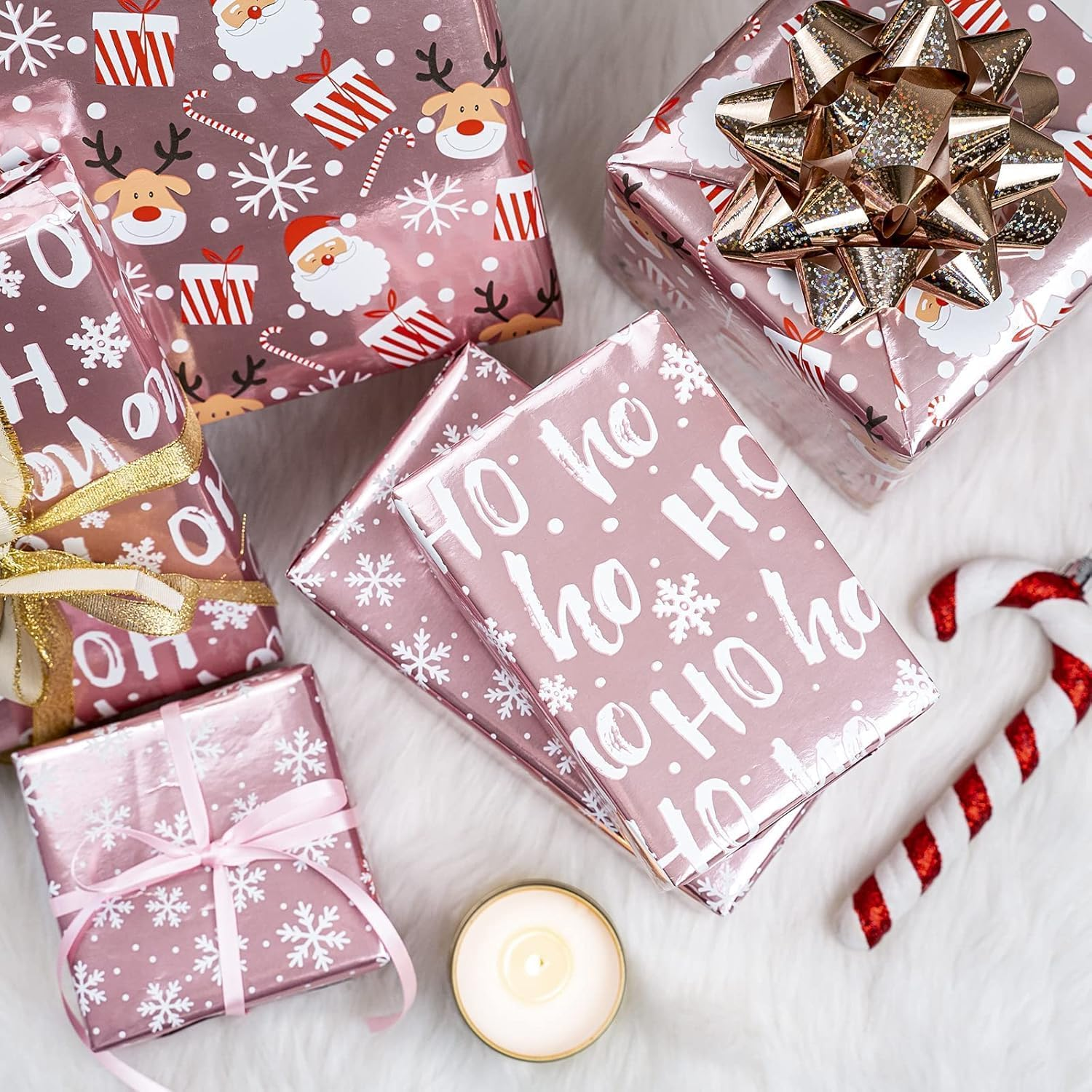 Pink Metallic Christmas Wrapping Paper Santa/Snowflakes/Ho Print | Recyclable Foil Gift Wrap for Beach Xmas, Office Kris Kringles & Last-Minute Presents (3 Rolls,43.2Cm X 3M) image number 3