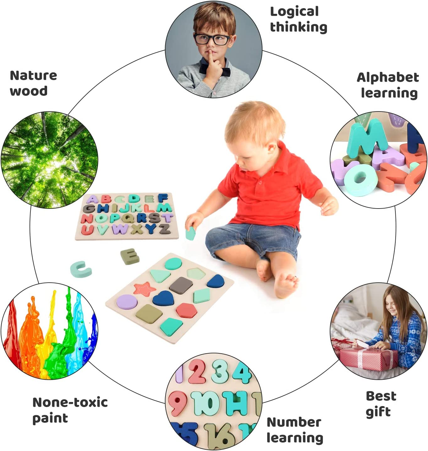 Building Blocks Wooden Puzzles for Toddlers, Wooden Alphabet Number Shape Learning Puzzles for Kids, Preschool Educational Toys Boys Girls Ages 3 4 5 6 Years Old image number 2