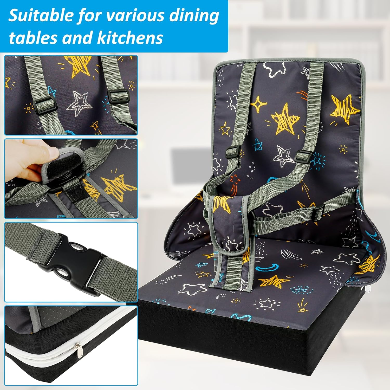 Fwqofvk Toddler Booster Seat with Adjustable Safety Buckle, Breathable Oxford Cloth Kid Dining Chair Increasing Cushion, Travel Booster Seat Pad for Dinning Table 32&times;32&times;43Cm Grey