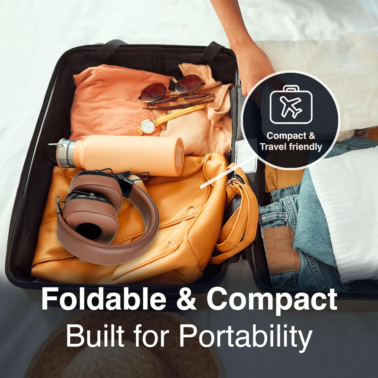 Soundtec by Laser Wireless On-Ear Headphones &ndash; Brown | Bluetooth 5.4, Foldable, 10H Playtime, AUX & Micro SD Support, Built-In Mic, USB-C, Retro Leather Style &ndash; HP-ST15BW image number 2