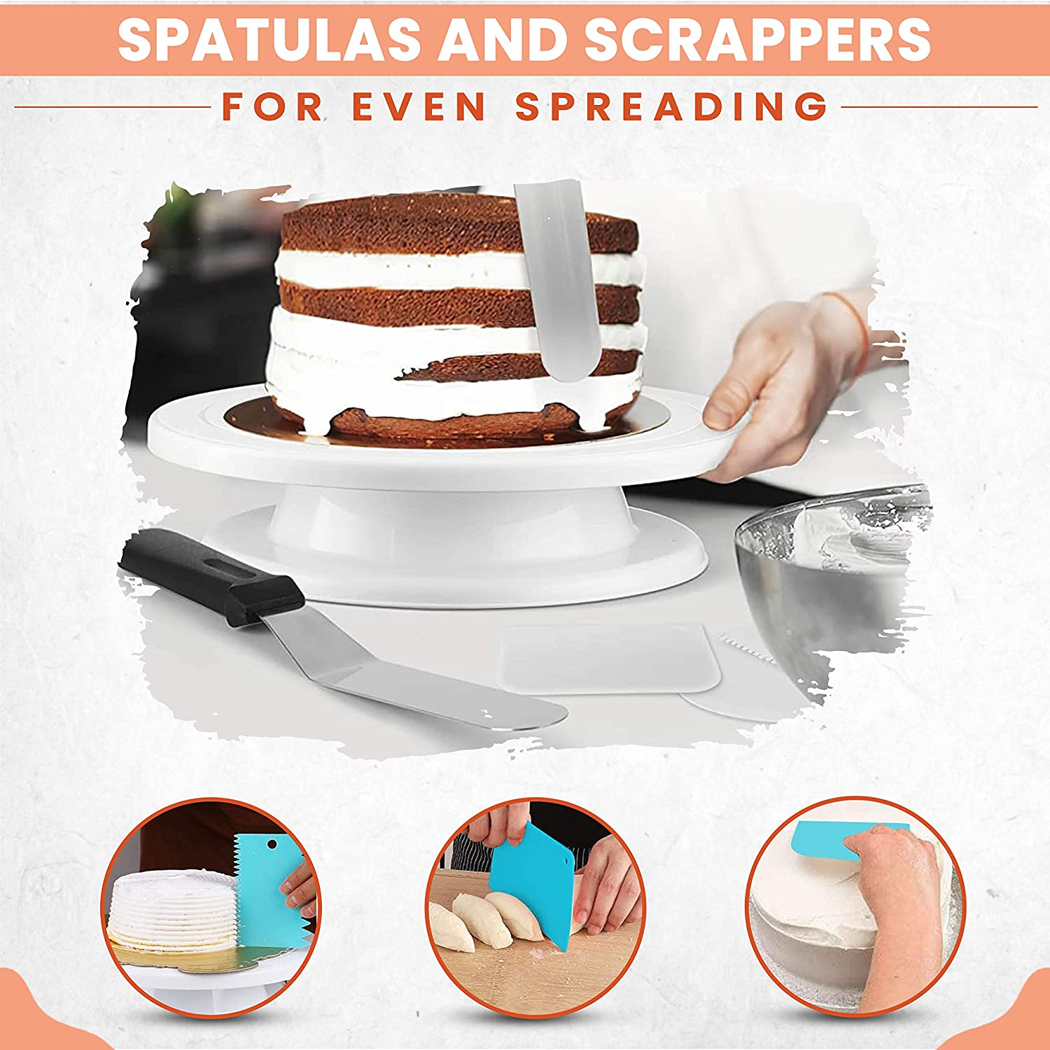 RFAQK 35Pcs Cake Turntable and Leveler-Rotating Cake Stand with Non Slip Pad-7 Icing Tips and 20 Bags- Straight & Offset Spatula-3 Sc Set -Ebook -Baking Tools image number 5