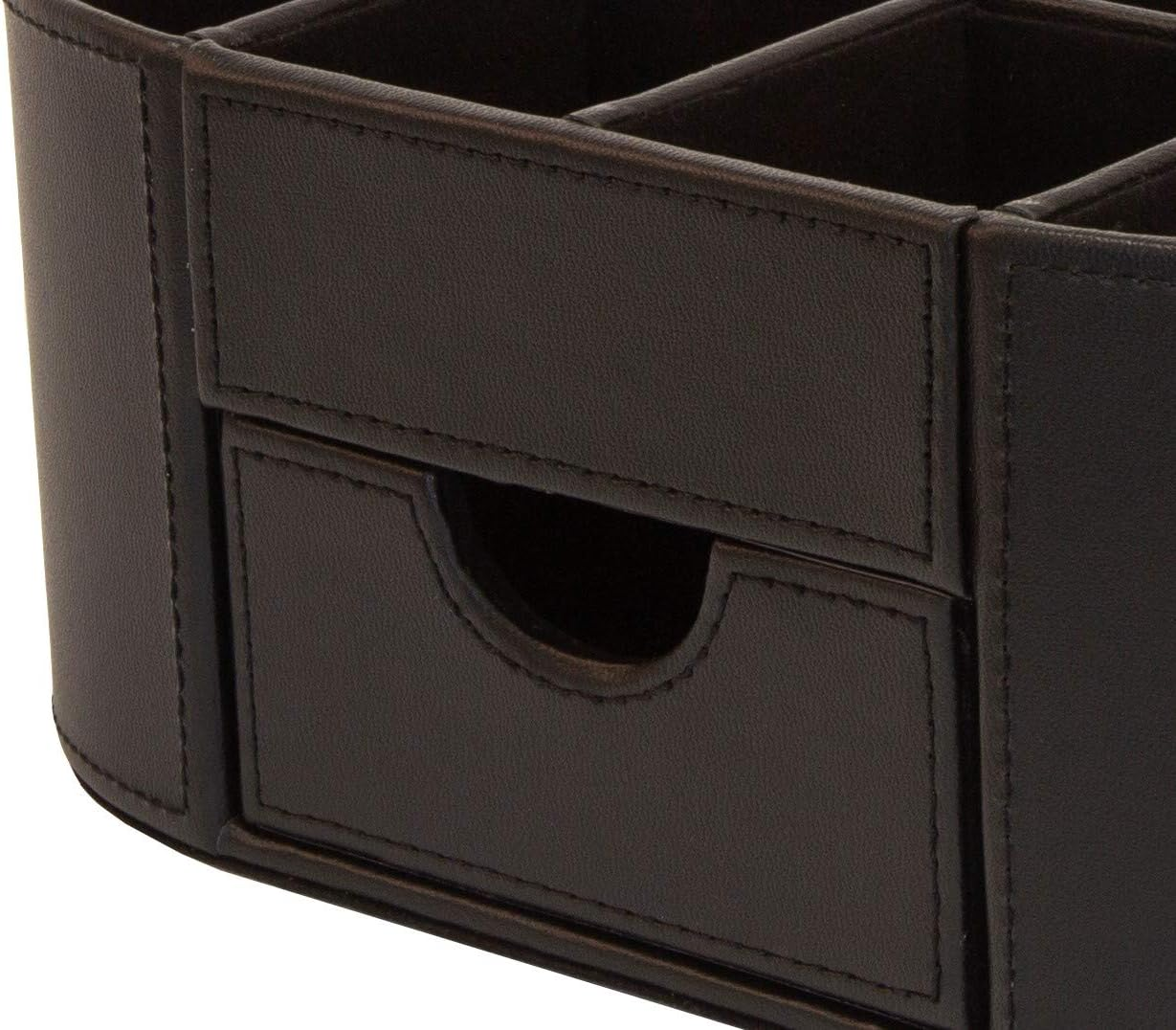 OSCO Black Faux Leather Desk Organiser with Drawer | Desk Tidy | Pen Holder | Makeup Container | Pencil Storage | 6 Compartments | Stationery Caddy | H10 X W23 X D12 Cm | image number 4