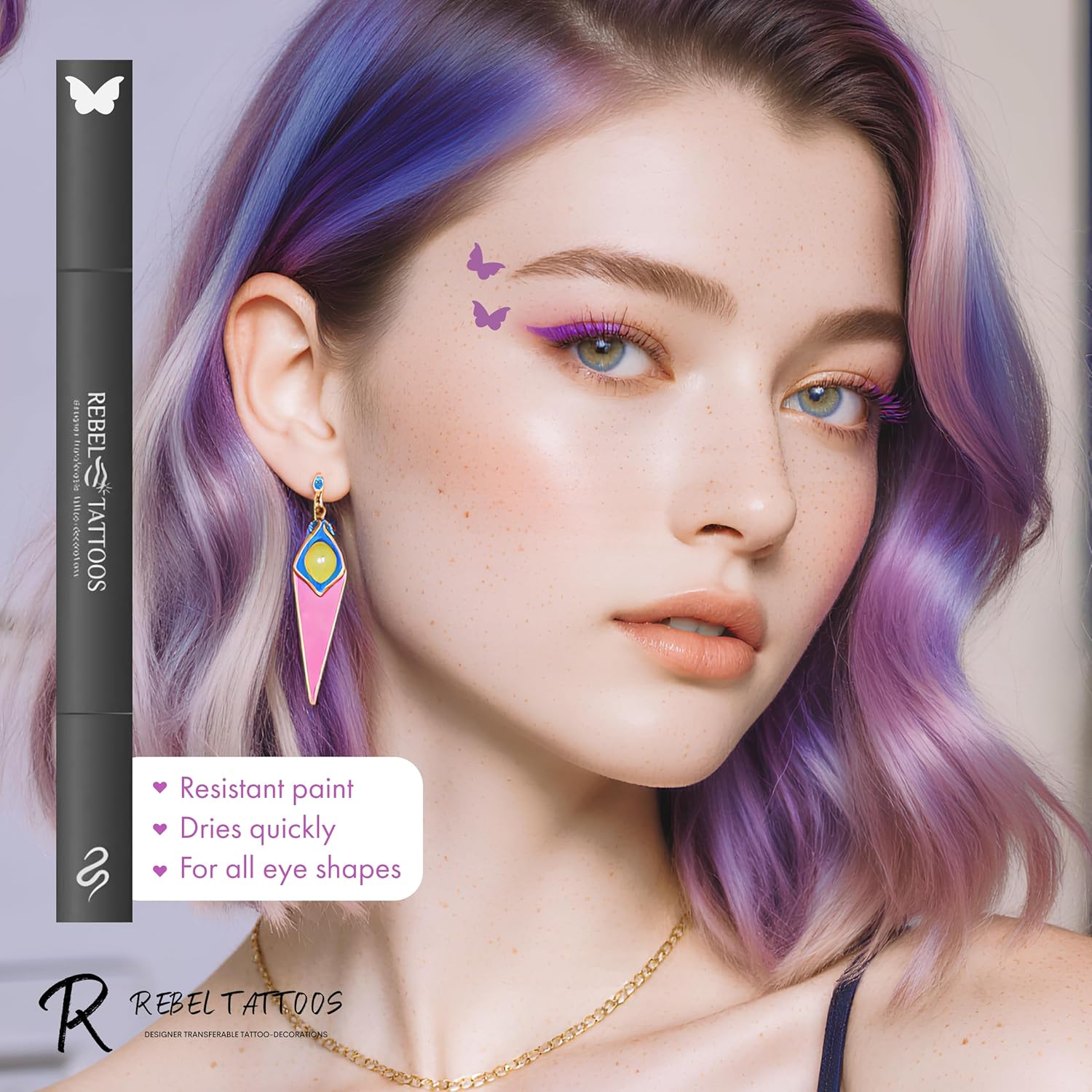 Rebel Tattoos 2-In-1 Eyeliner Stamp, Pigmented Intense Black Formula, Smudge-Budge Proof, Sweatproof, 24 Hour Stay Eyeliner Stamp (Purple Butterfy) image number 4