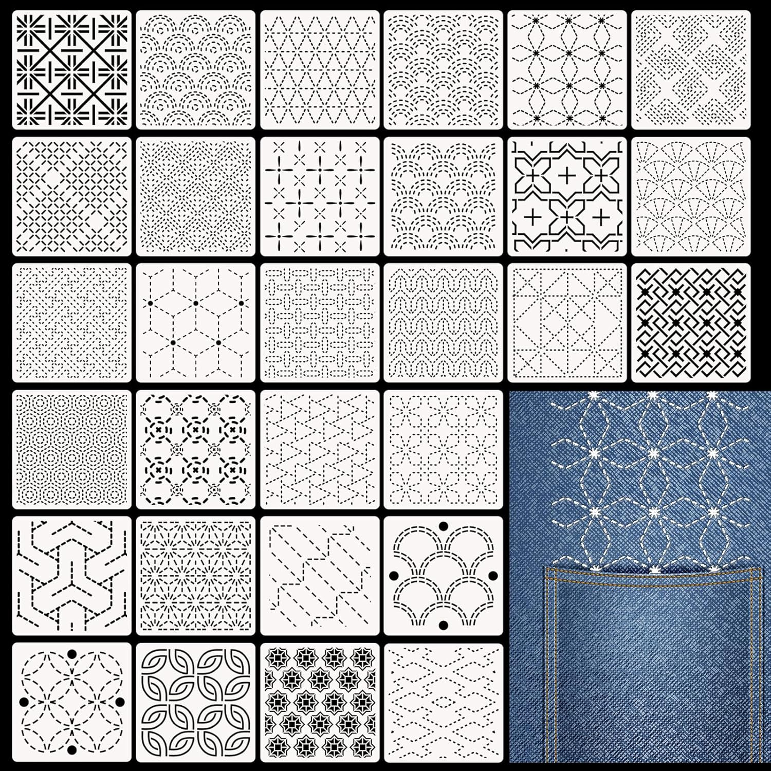 Affrolling 30 Pcs Plastic Sashiko Stencil 4.7 X 4.7 Inch Geometric Sashiko Pattern Template Drawing Line Quilting Stencil Embroidery Pattern Stabilizers for Sewing Hand Quilting and Embroidery