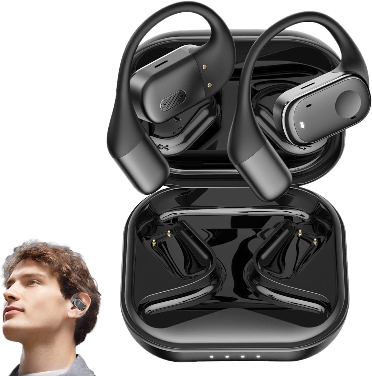 SPOTFISH Open Ear Headphones Bluetooth 5.3, Wireless Earbuds 14.2Mm Enhanced Bass,Immersive Stereo Sound By,Hanging Ear Sports Earphones,4 Mics Clear Calls-Y30 (Beige