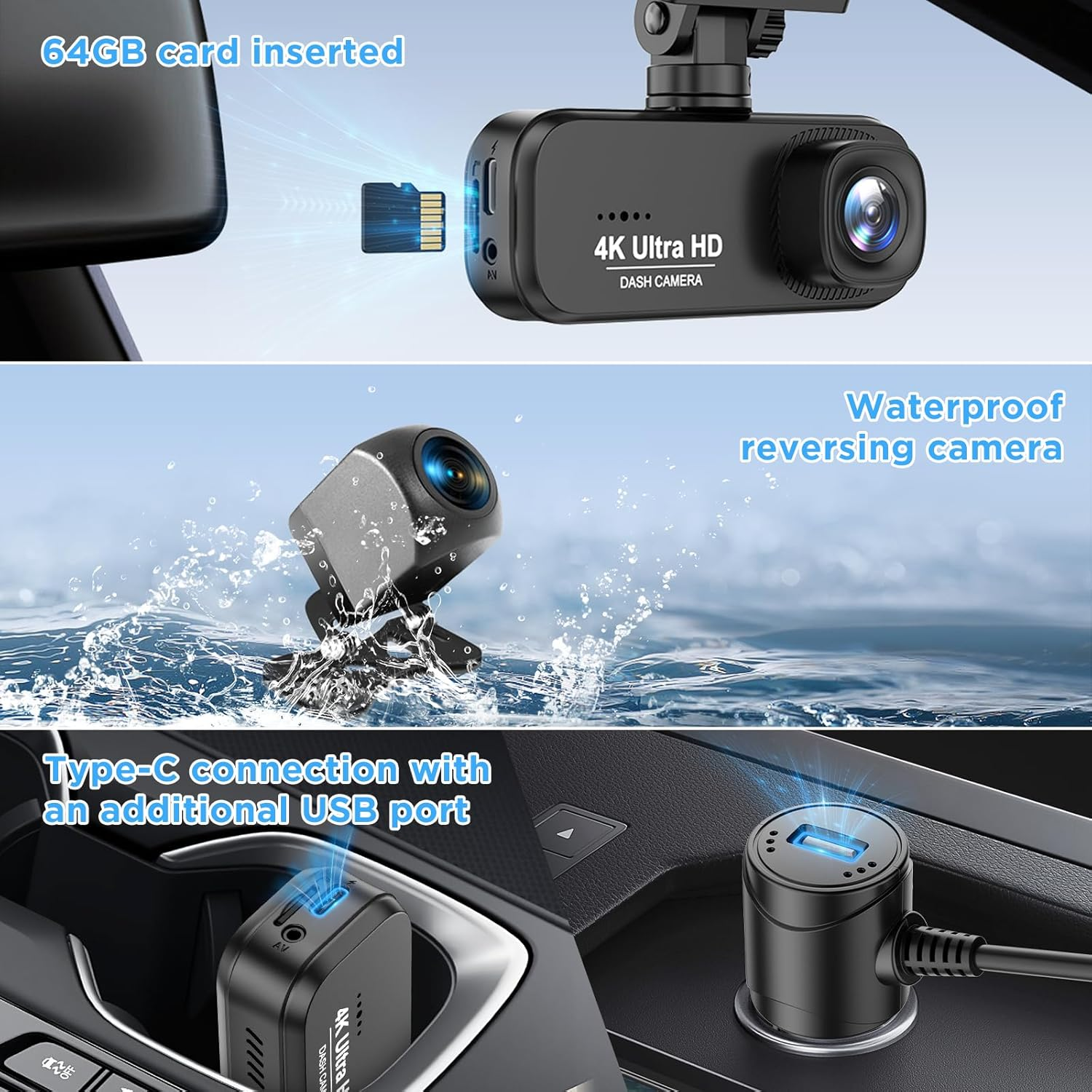 4K+1080P Dash Cam Front and Rear,Wifi Dual Dash Cam with Free 64GB Card, Super Night Vision, 24H Parking Mode, G-Sensor, WDR, APP, Loop Recording, Time-Lapse, 170&deg;/140&deg;, F1.8 Aperture, 4-Layer Lens image number 4