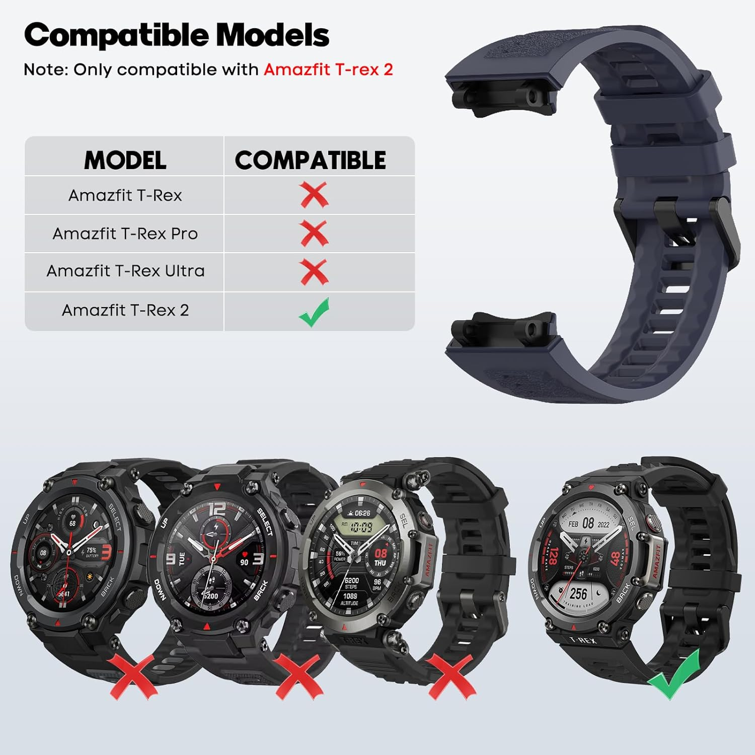 CHULN Pack of 2 Silicone Wristbands Compatible with Amazfit T-Rex 2, Adjustable Waterproof Replacement Wristband Sports Strap for Amazfit T-Rex 2 - 2 Pcs-A image number 4