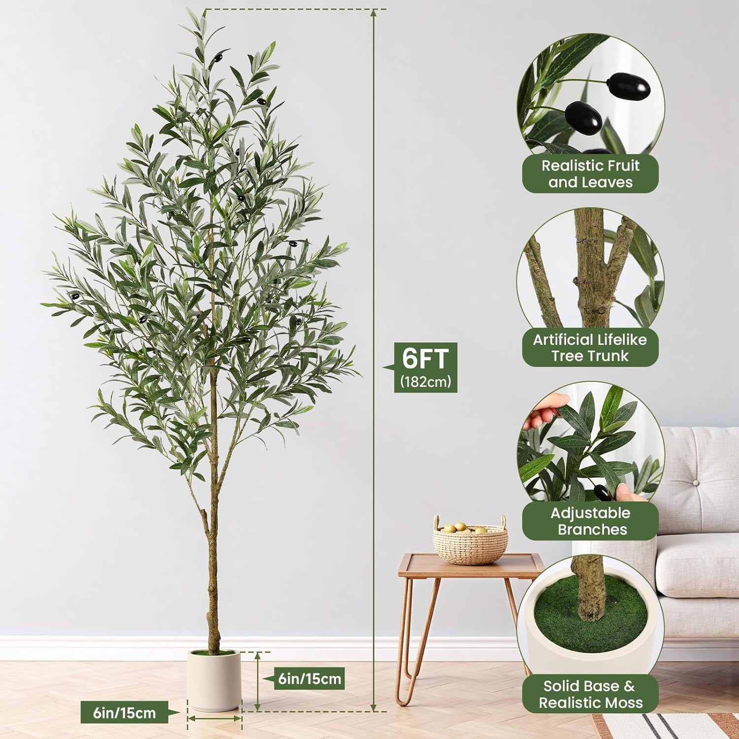 Alupssuc 180Cm Artificial Olive Tree with Elegant White Pot, Realistic Faux Plant for Indoor/Outdoor Use, Natural Wood Trunk & Faux Fruits - Modern Floor Decor for Home Office Living Room, 6FT image number 5