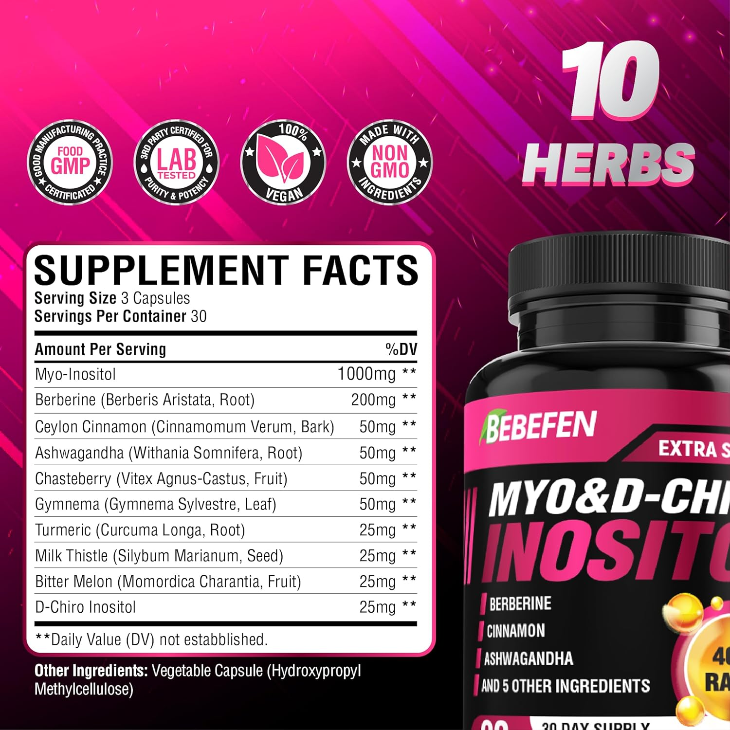 BEBEFEN Inositol Supplement - Myo-Inositol and D-Chiro Inositol Ideal 40:1 Ratio - plus Berberine, Cinnamon, Ashwagandha + 5 More - 90 Capsules image number 3