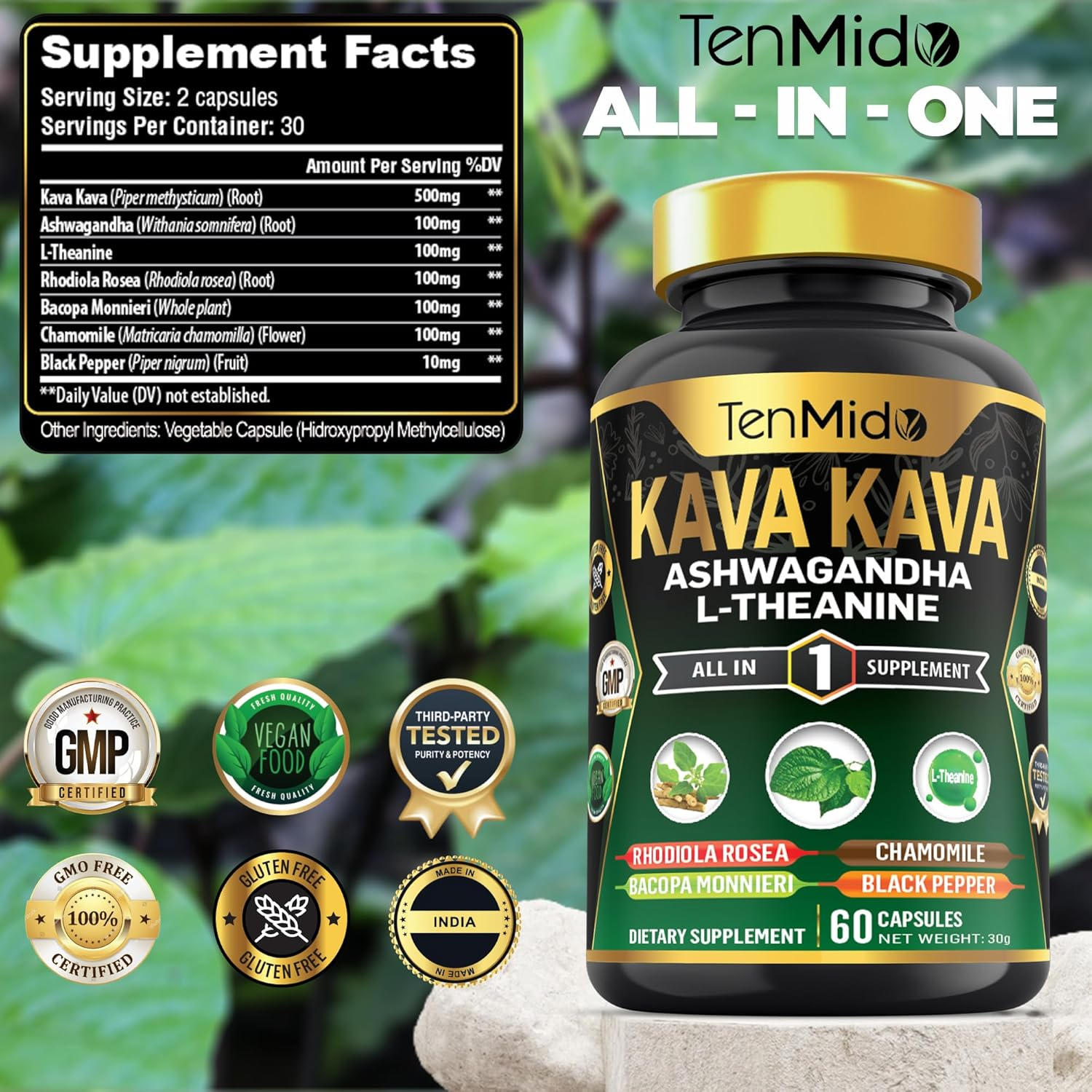 Kava Kava Supplement - 7In1 Blend with Ashwagandha, L-Theanine, Rhodiola, Bacopa & More - 60 Non-Gmo, Vegan Capsules image number 5
