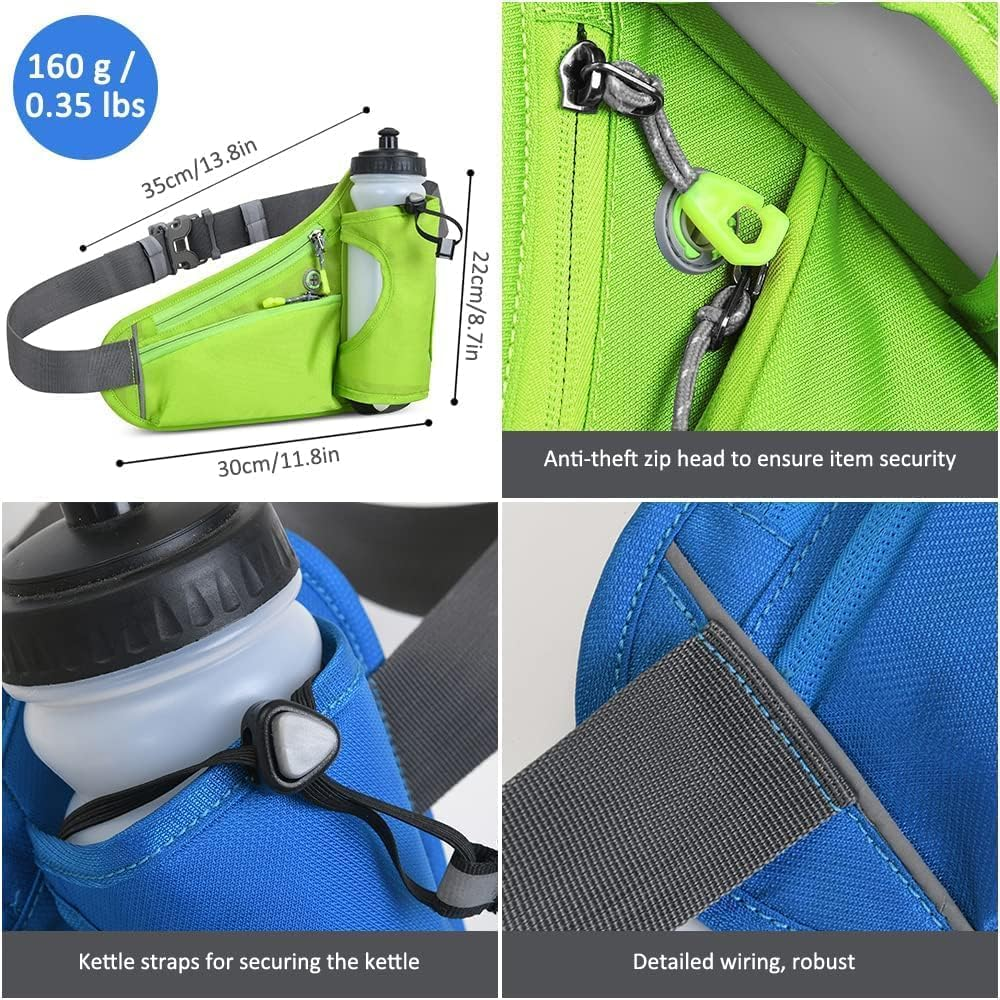 Lightweight Running Belt with Water Bottle Holder, Water Resistant Running Belts with Reflective Strips and Headphone Hole, Runner Belt & Workout Fanny Pack for Men, Woman, Kids (Blue) - Grey image number 6