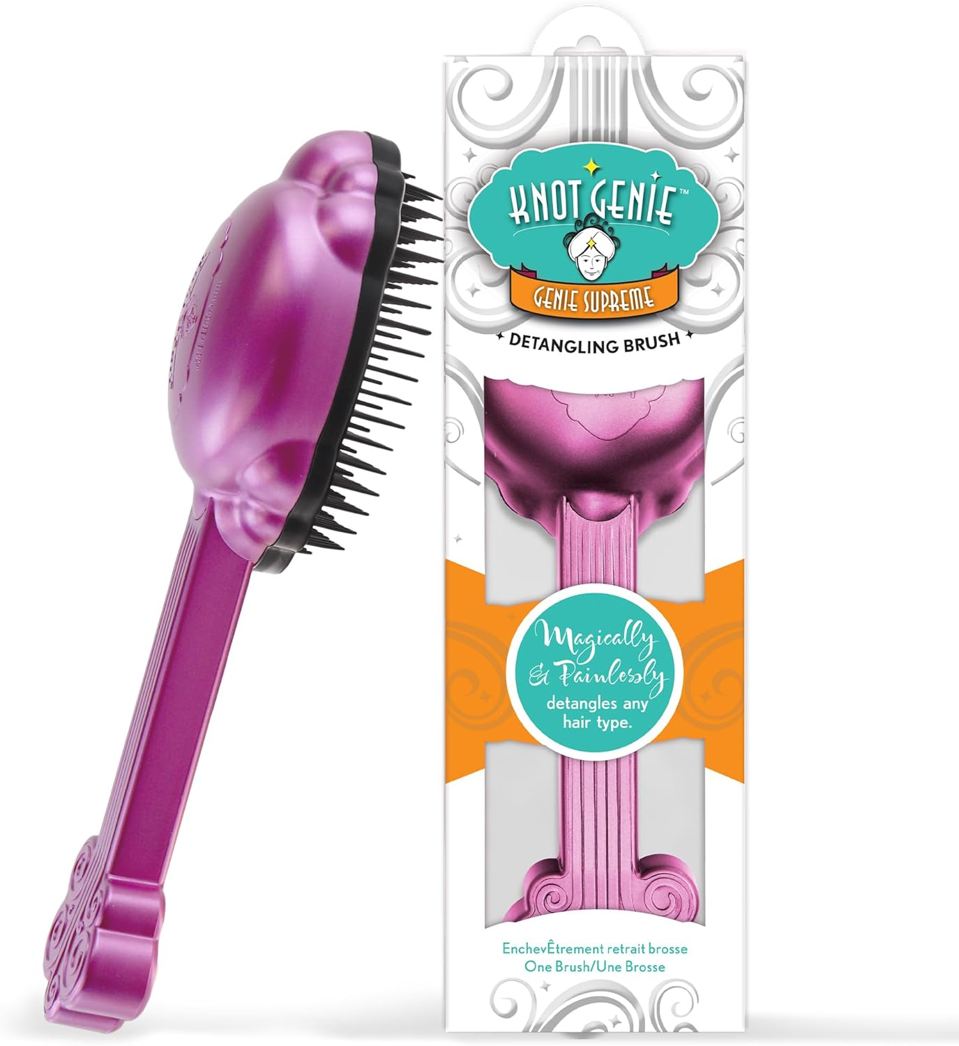 Knot Genie Supreme Detangling Hair Brush for Kids (Pop of Pink) | Perfect Detangling Brush for Curly Hair, Gently Separate Tangles, Leaves Hair Smooth and Shiny | the Pain Free Knot Detangler